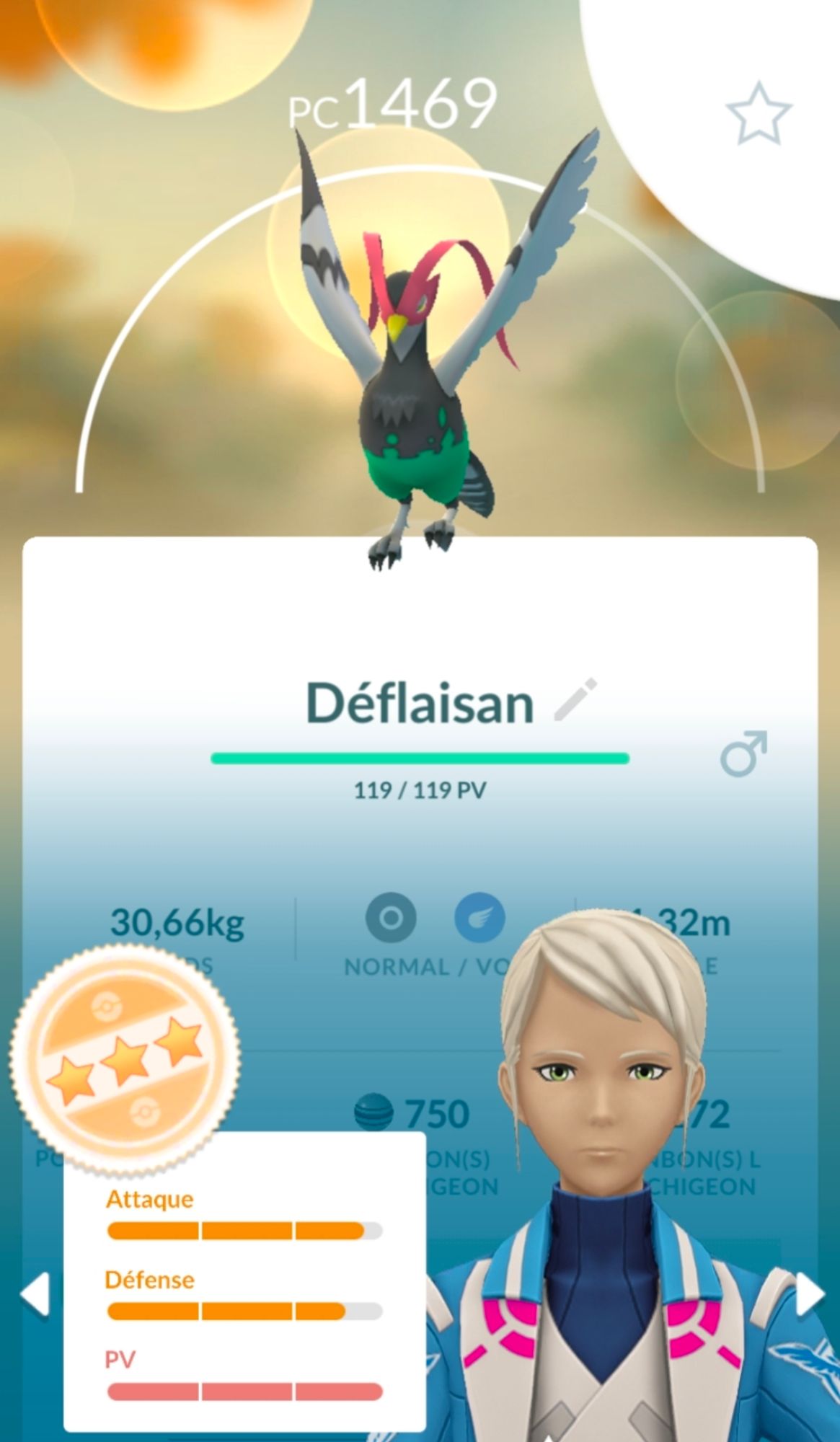 Screenshot from Pokémon Go of a great league 3-stars male Unfezant