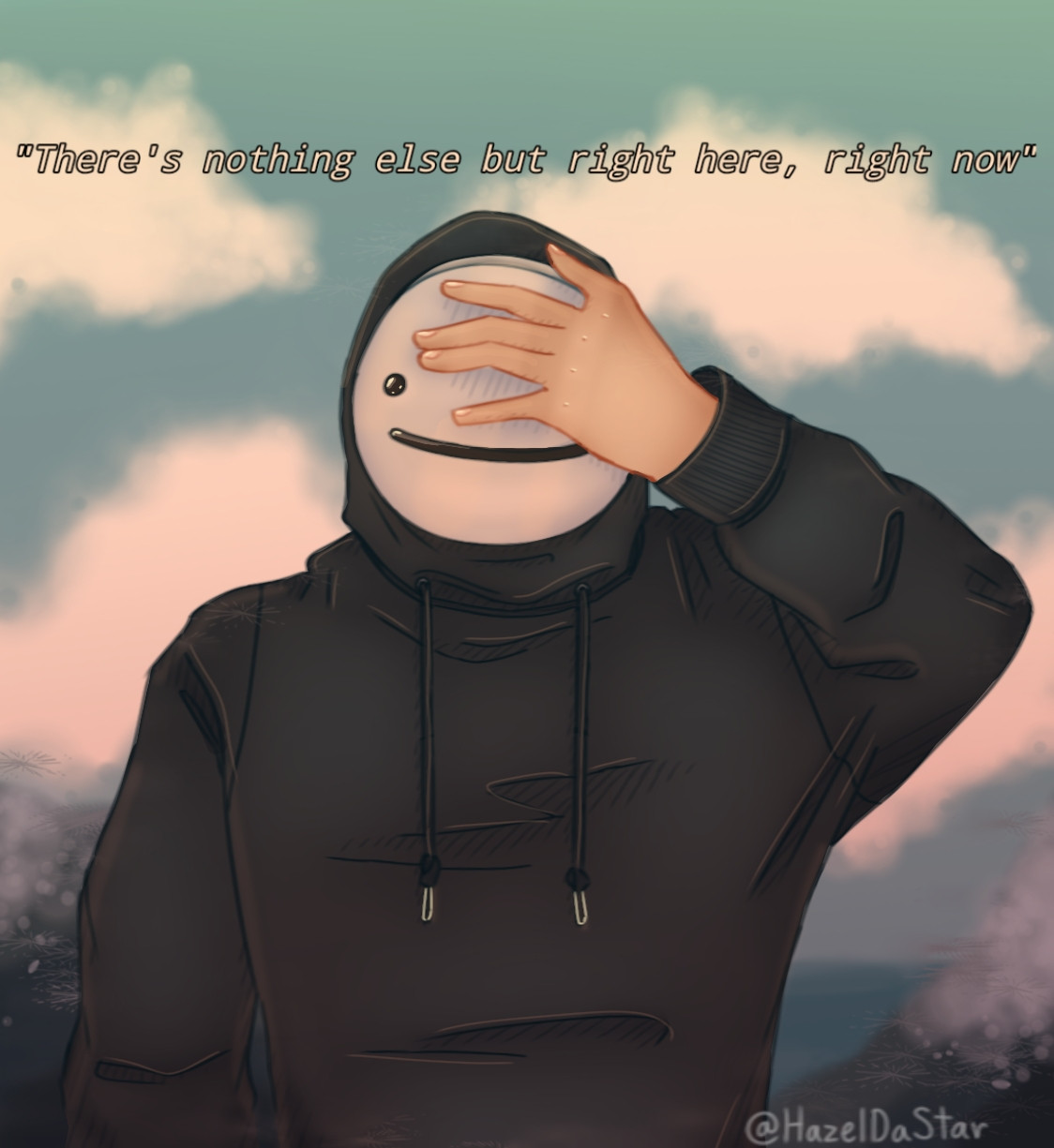 Drawing of Dream looking awesome with his hand covering one eye of his mask, the lyrics to hit Dream song "Everest" over top of him. Behind him is a snowy mountain landscape.