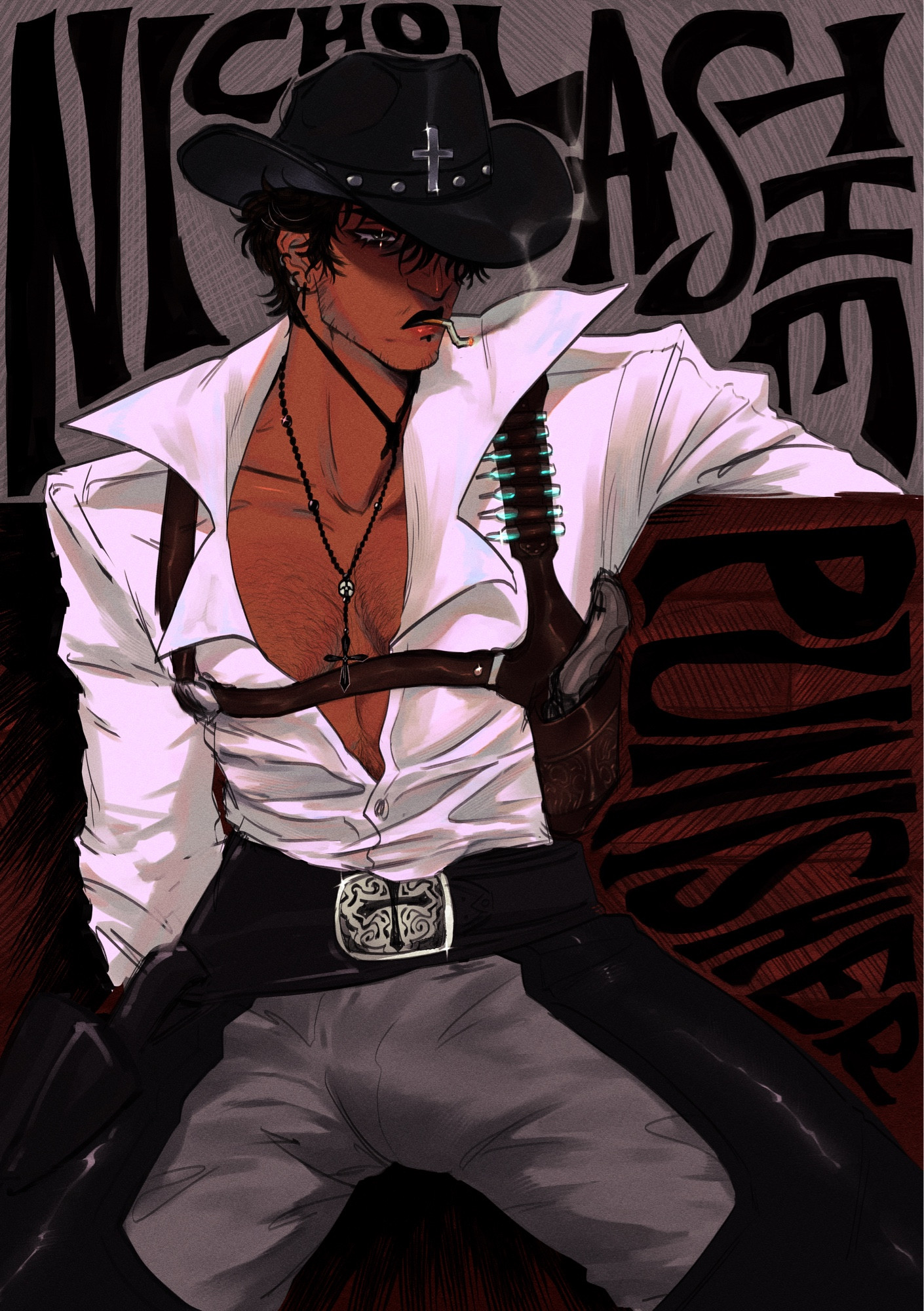 A maroon hued painting of Nicholas D Wolfwood from Trigun. He is wearing his signature white shirt, however his suit is replaced by a gun chest holster. On the gun holster are his vials strapped to his chest. Instead of his normal black slacks, he is wearing grey pants with black leather riding chaps. He has a large belt at his lower waist with a cross in the middle. His chest is revealed due to his low buttoned shirt, and a rosary decorated with the Punisher symbol is hanging in the middle. He is sitting down on a darkly colored bench, and his name is written behind him in a bold stylized black font covering most of the piece. Wolfwood is smoking, and he’s wearing a cowboy hat that covers one of his eyes and he has a very sour expression.