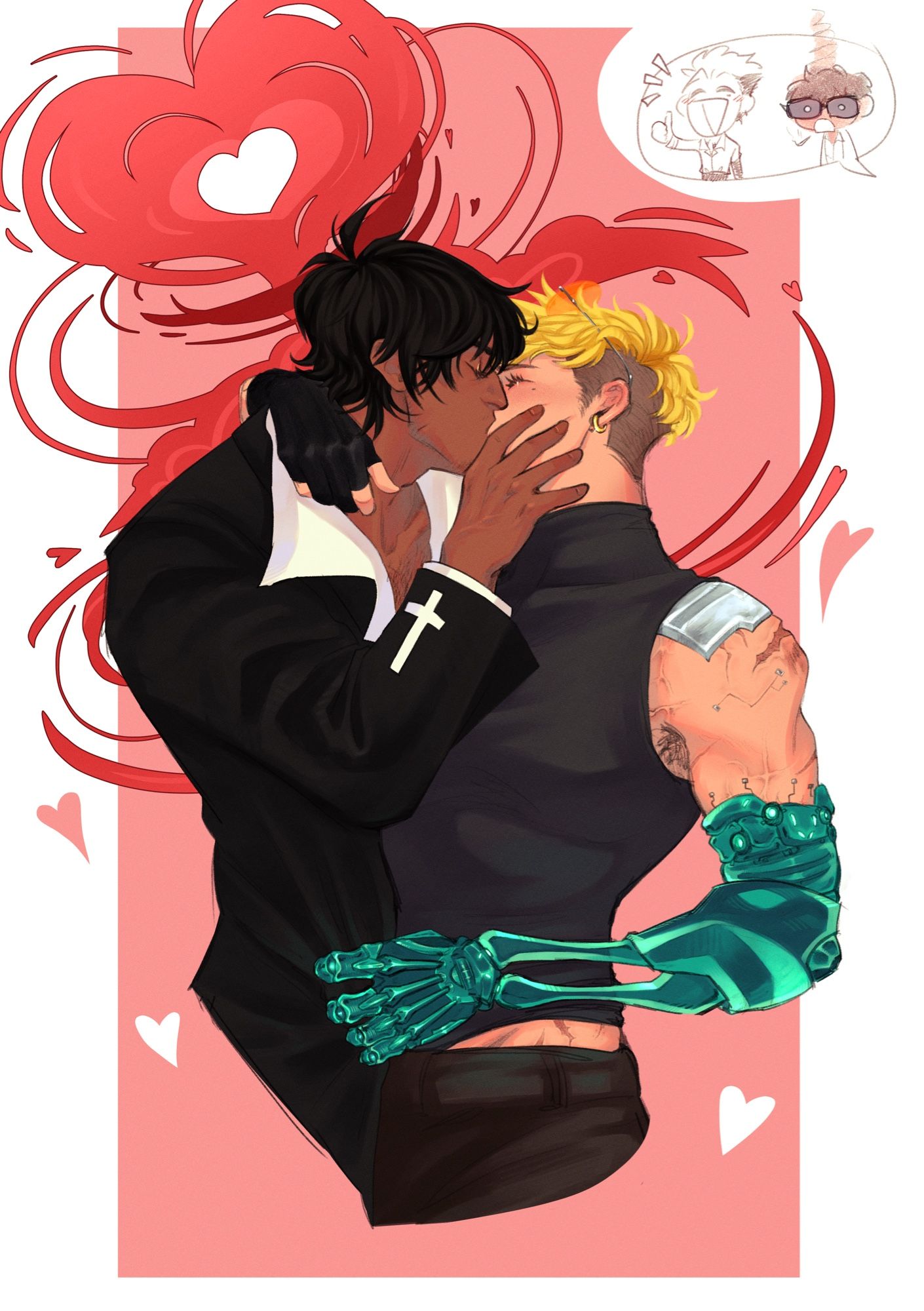 A pink-hued art piece of Trimax Wolfwood kissing Tristamp Vash, holding his face as the latter grabs his jacket with his prosthetic arm, and has his other arm resting on Wolfwood’s neck. There’s an “explosion” shaped like a heart behind them, decorated with lots of small hearts flying around. In the upper right corner you see a tiny sketch of Trimax Vash cheering on and Tristamp Wolfwood looking extremely shocked yet flustered.