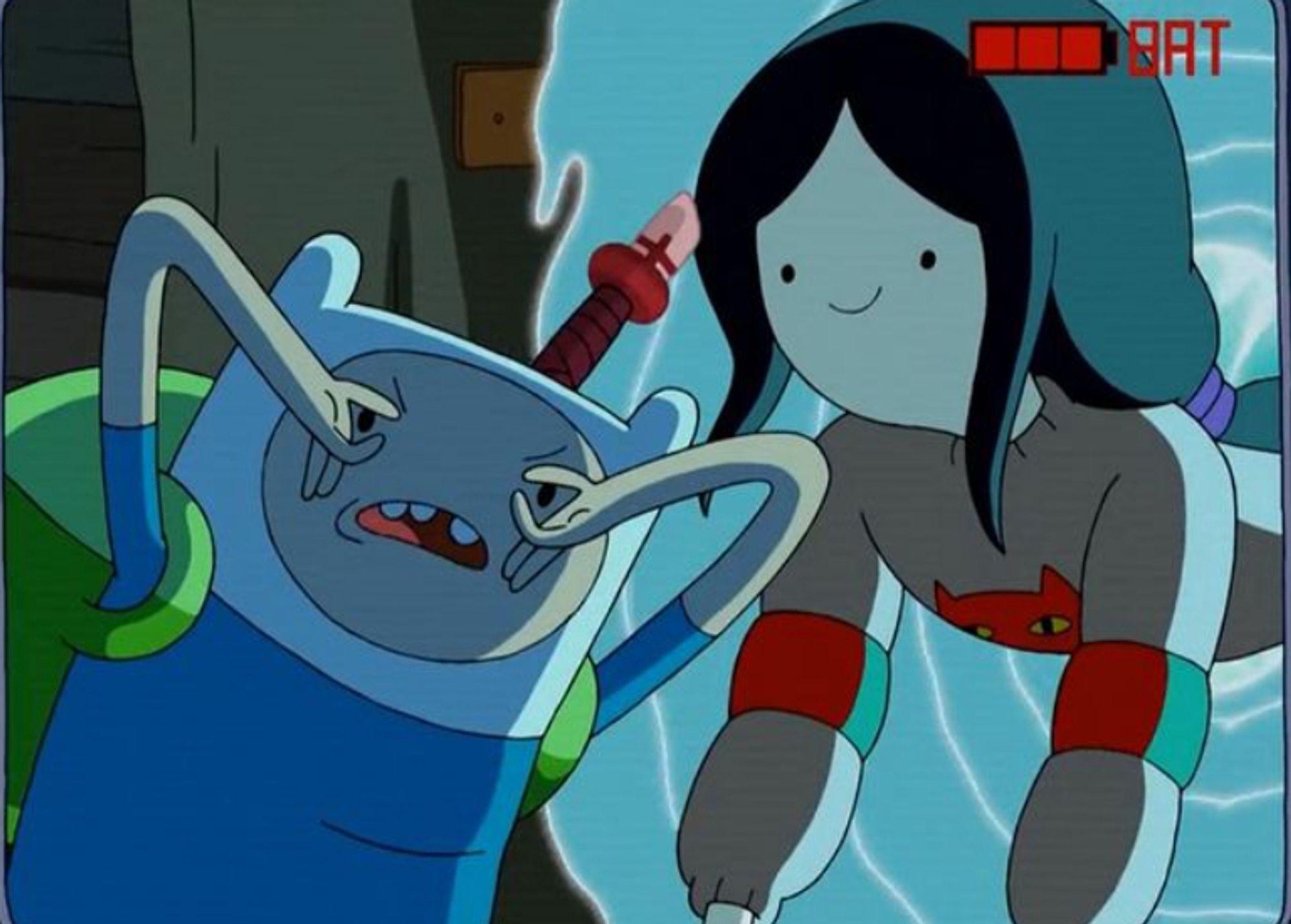 Cena de hora de aventura em que o Finn estava fazendo sinais para descrever o pai de Marceline