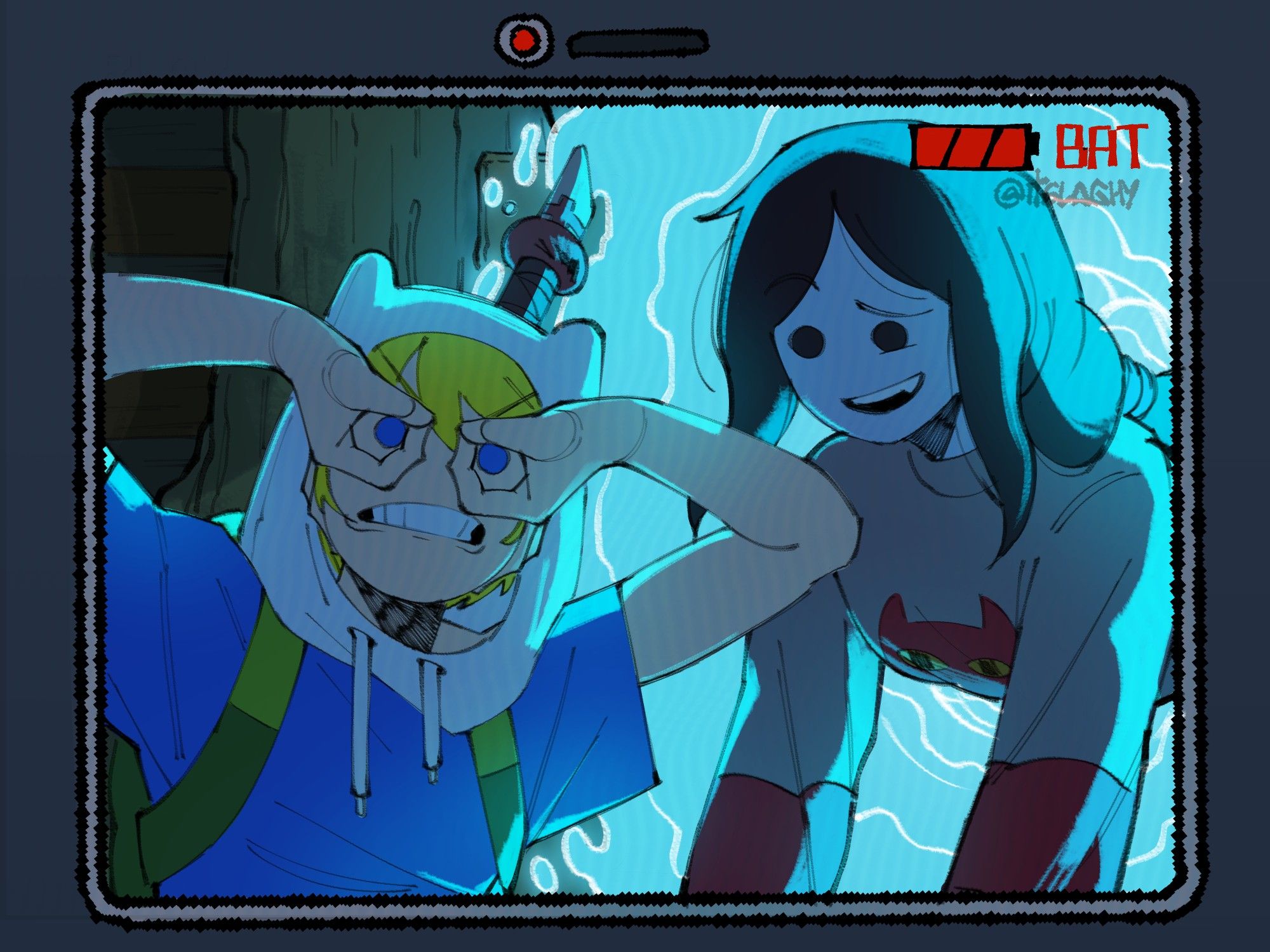 Cena re-desenhada de hora de aventura em que o Finn estava fazendo sinais para descrever o pai de Marceline