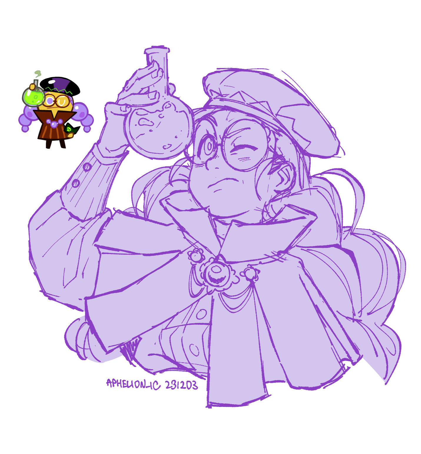 Purple line art drawing of Alchemist Cookie from Cookie Run holding a potion bottle.