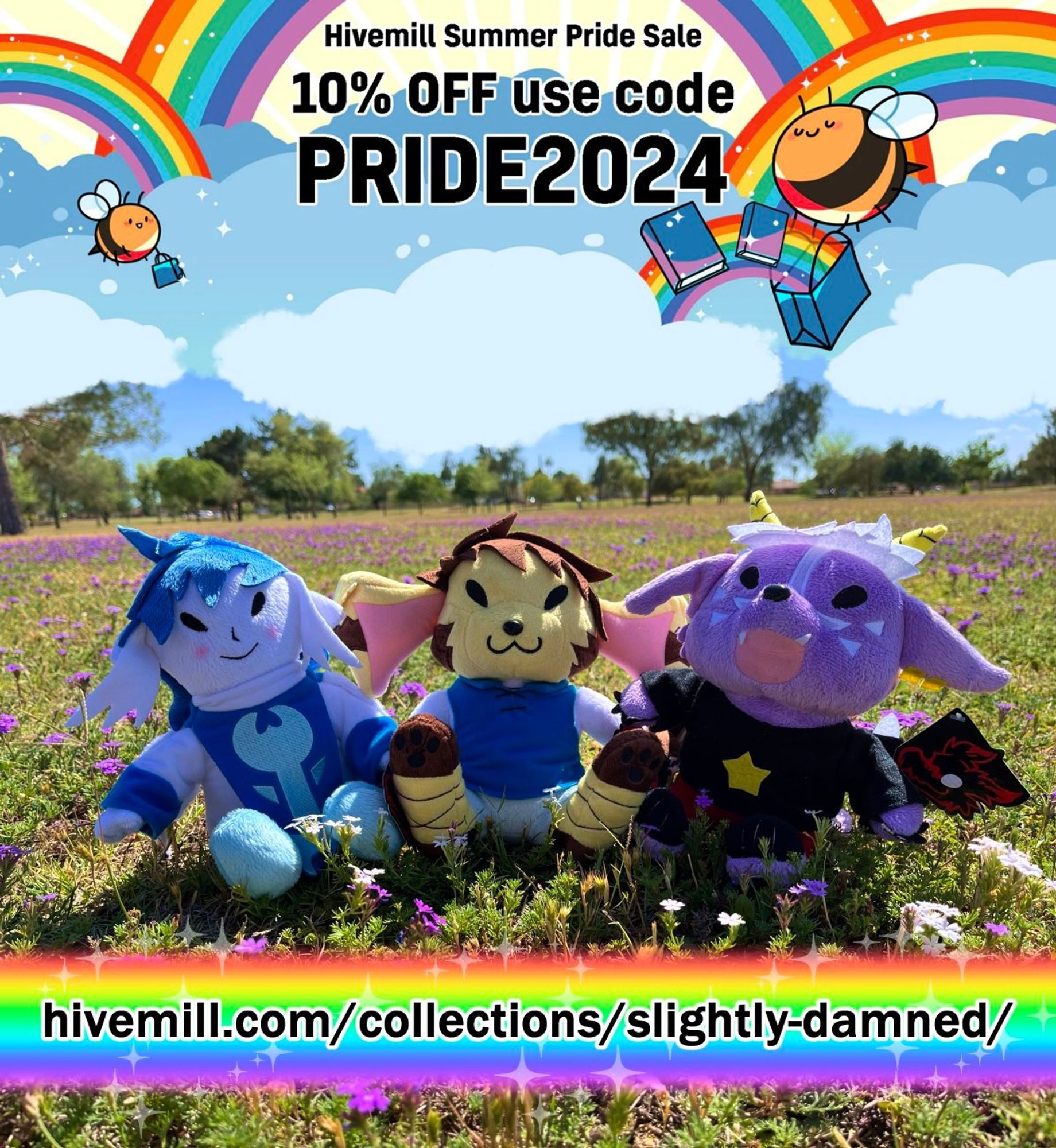 A row of plushies of characters from Slightly Damned in a field together.