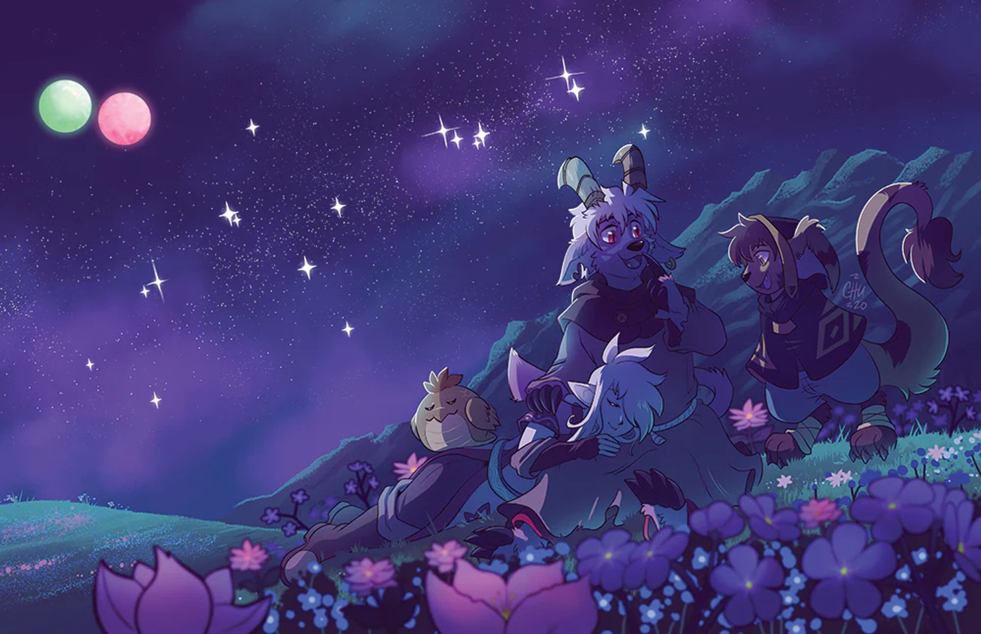 The main characters of Slightly Damned hanging out under a starry evening sky.