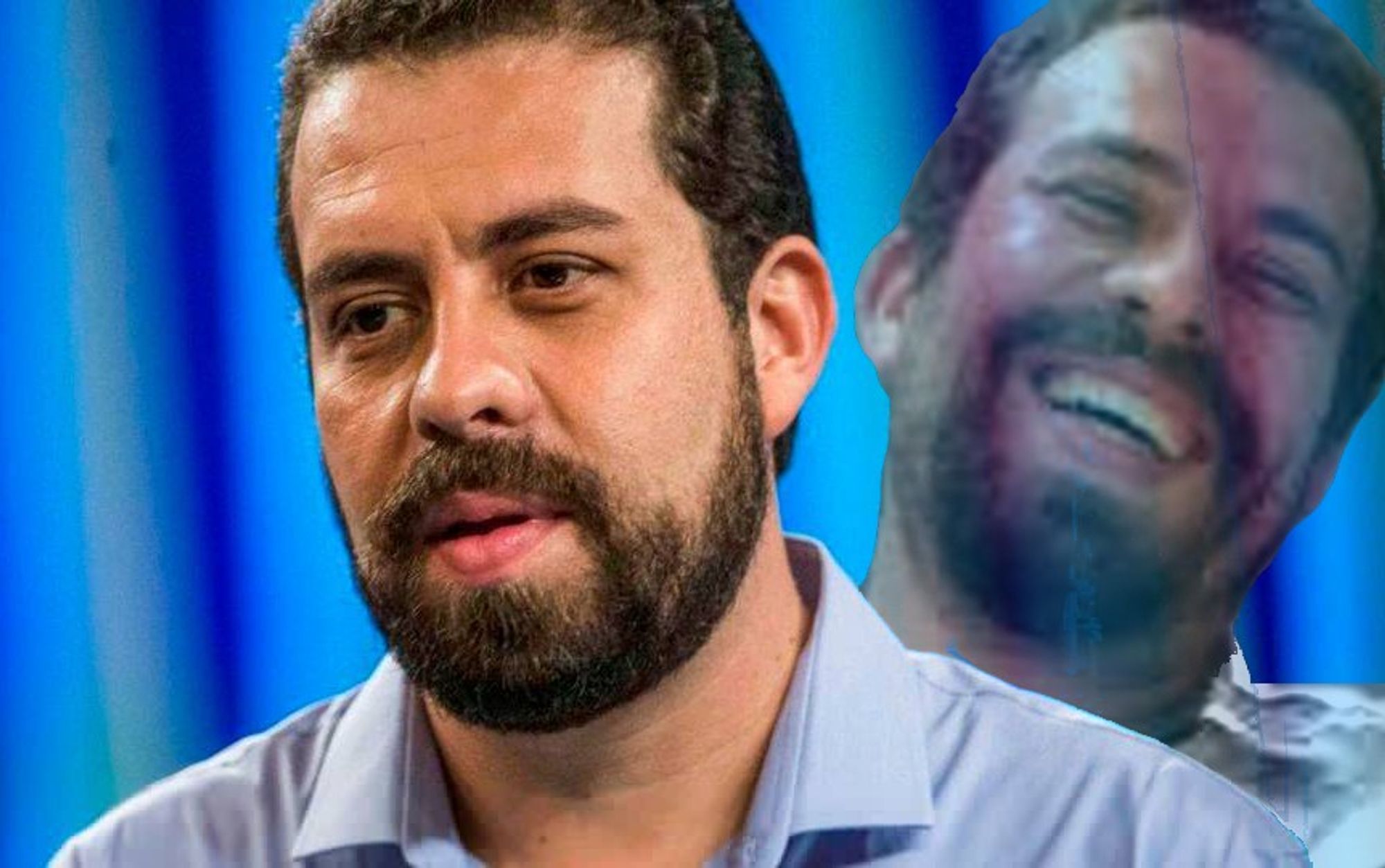 uma foto do Boulos sério, calmo, olhando pro interlocutor. Por trás dele o próprio Boulos, meio transparente como se fosse o espírito dele, caindo na gargalhada