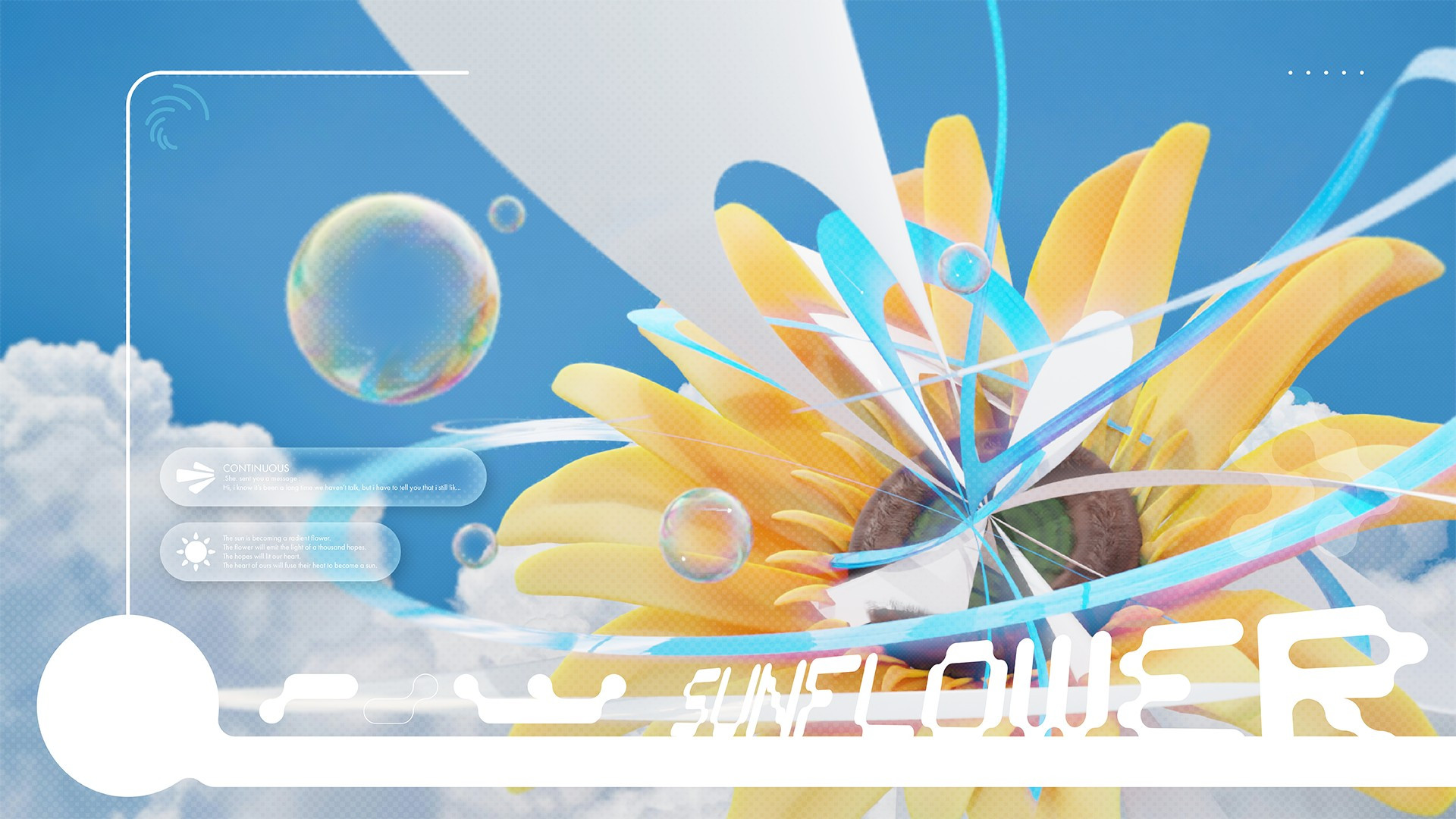 A 3d modelled sunflower in the sky, surrounded by bubles, aswell as 3d abstract shapes burst from the sunflower.

Vector graphics surrounds the whole composition.

Artwork made by Cryonnaise.