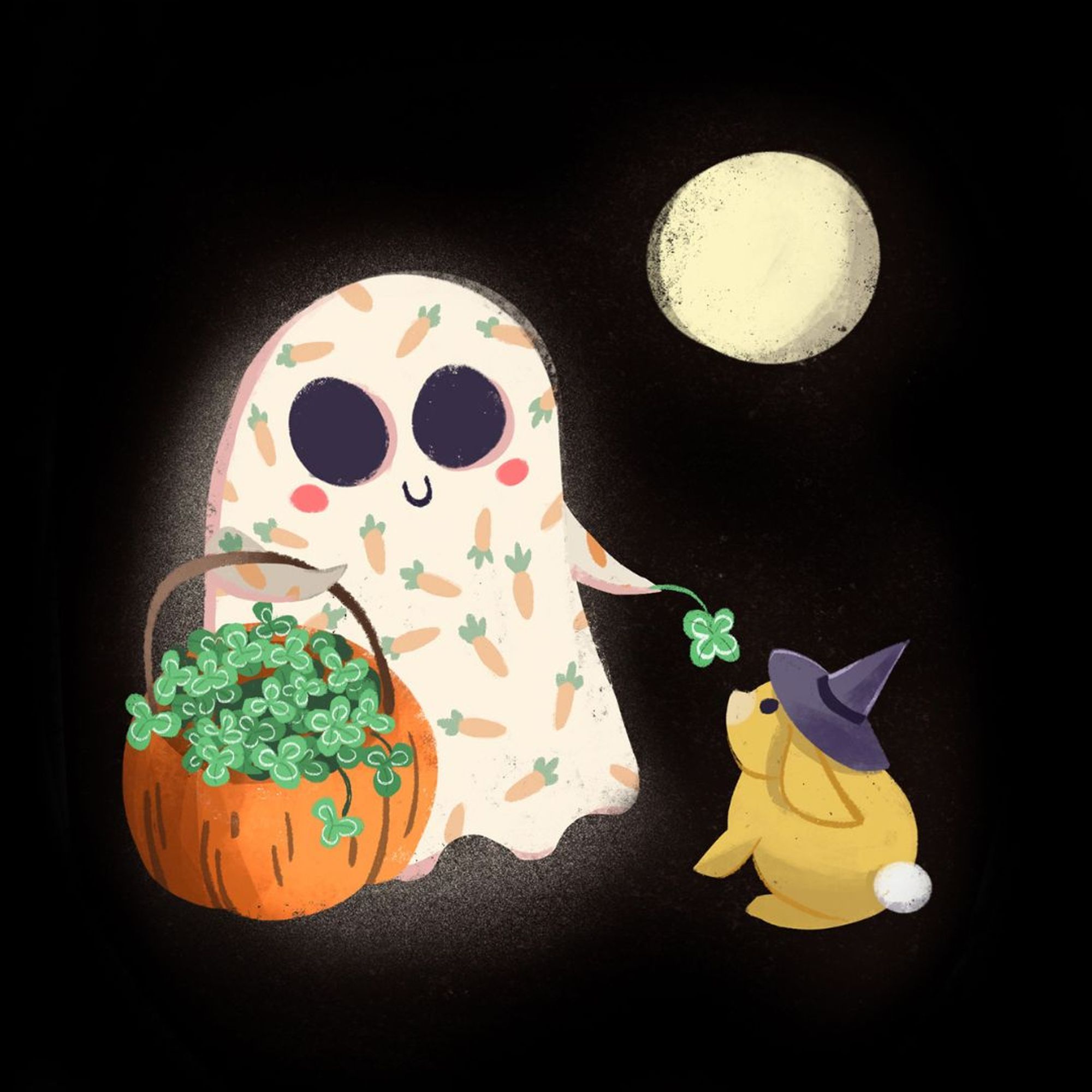 Little ghost feeding a rabbit clover - illustration