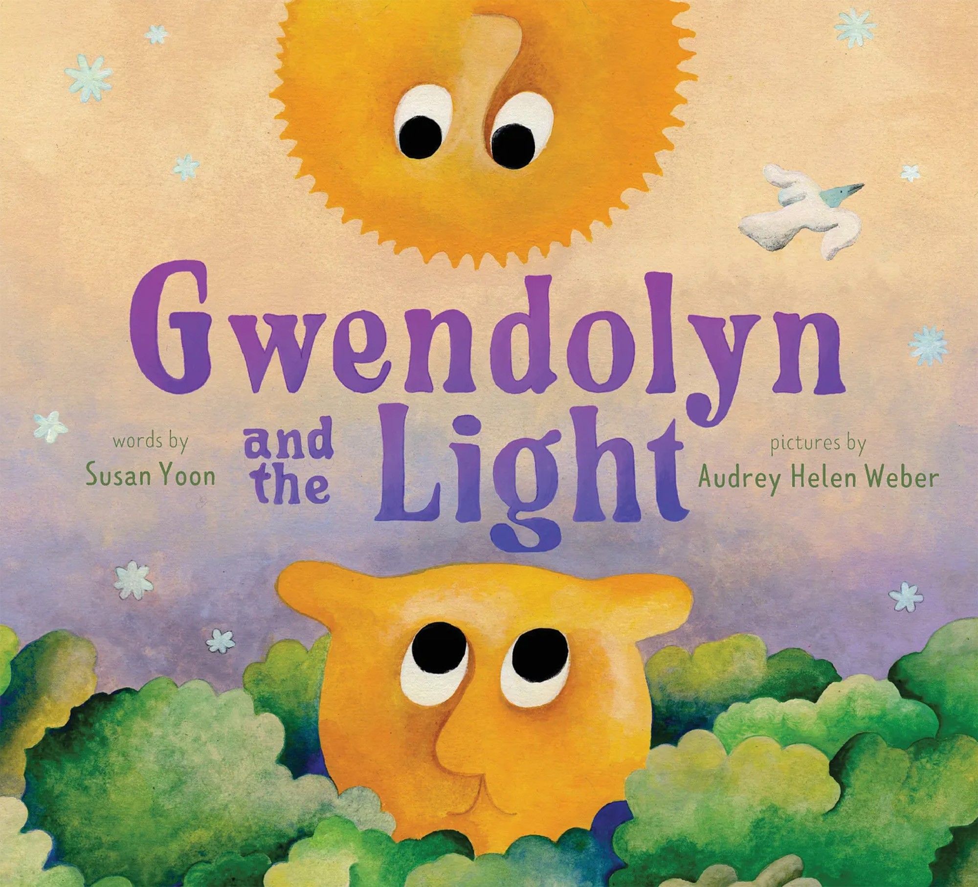 Cover of the children's book 'Gwendolyn and the Light' by Susan Yoon, illustrated by Audrey Helen Weber. The illustration shows a bright, smiling sun with large eyes looking down at a curious yellow creature peeking out from green bushes. A small white bird flies nearby against a pastel sky.