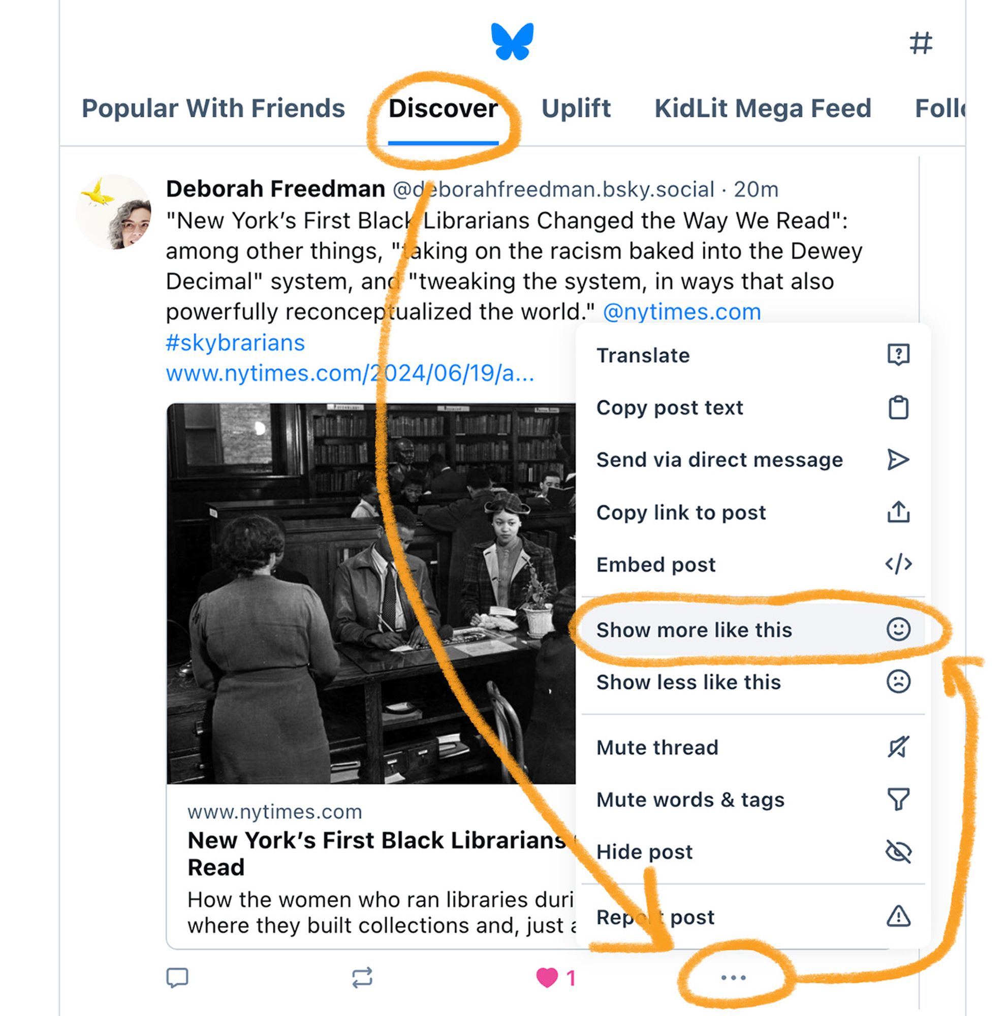 Screenshot of the Discover feed on Bluesky, showing how you can finetune what kind of posts you want to see more of and less of in your feed. Orange arrow points to three dots below a post; clicking on it will give you options that include "show more like this" or "show less like this."