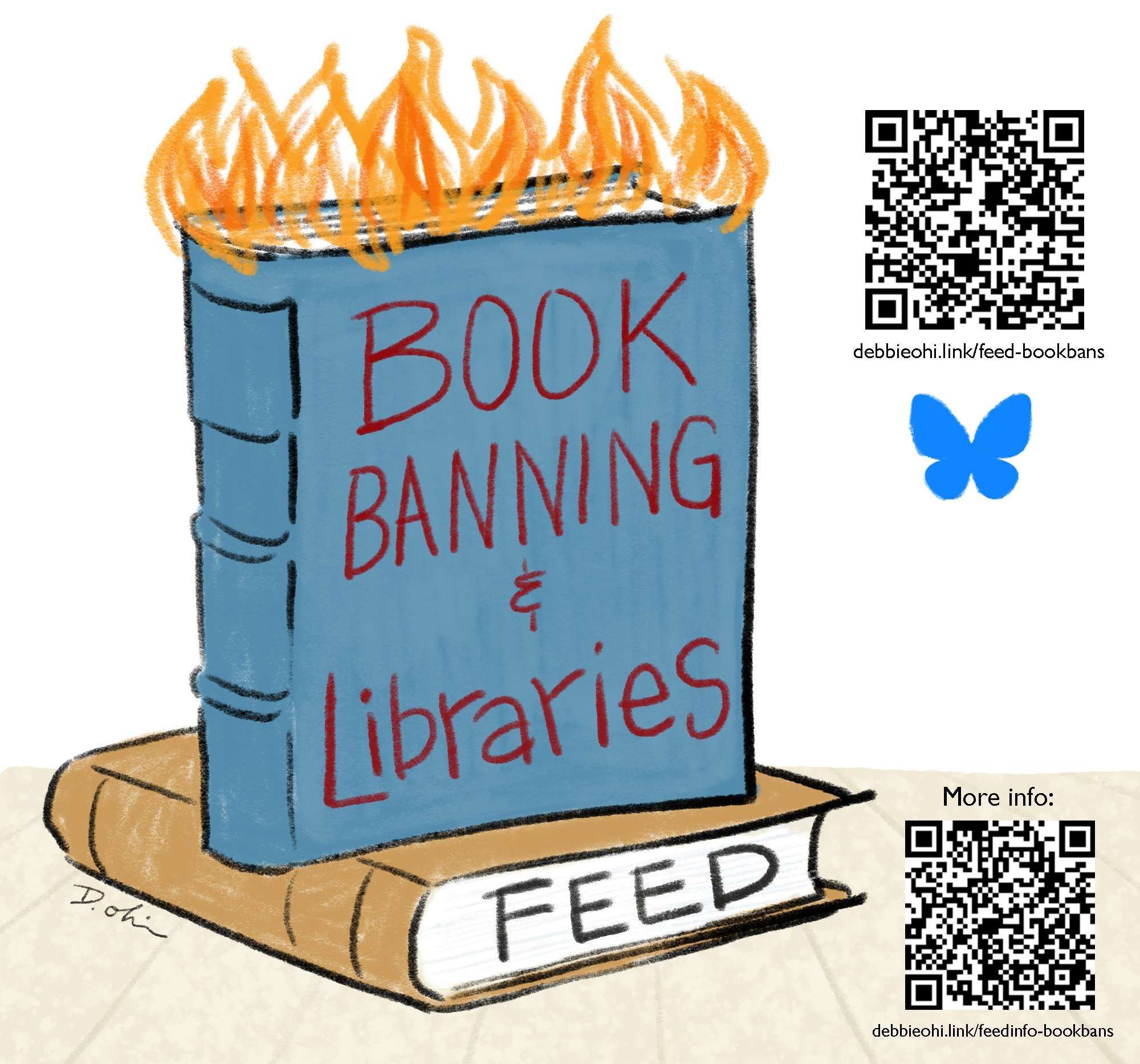 The image shows a book with the title "Book Banning & Libraries" written on it, surrounded by flames. The book is sitting on a pedestal labeled "FEED". There are two QR codes in the image, one in the top right corner and one in the bottom right corner, with accompanying text "debbieohi.link/feed-bookbans" and "debbieohi.link/feedinfo-bookbans" respectively. A blue butterfly is also present near the top right QR code.