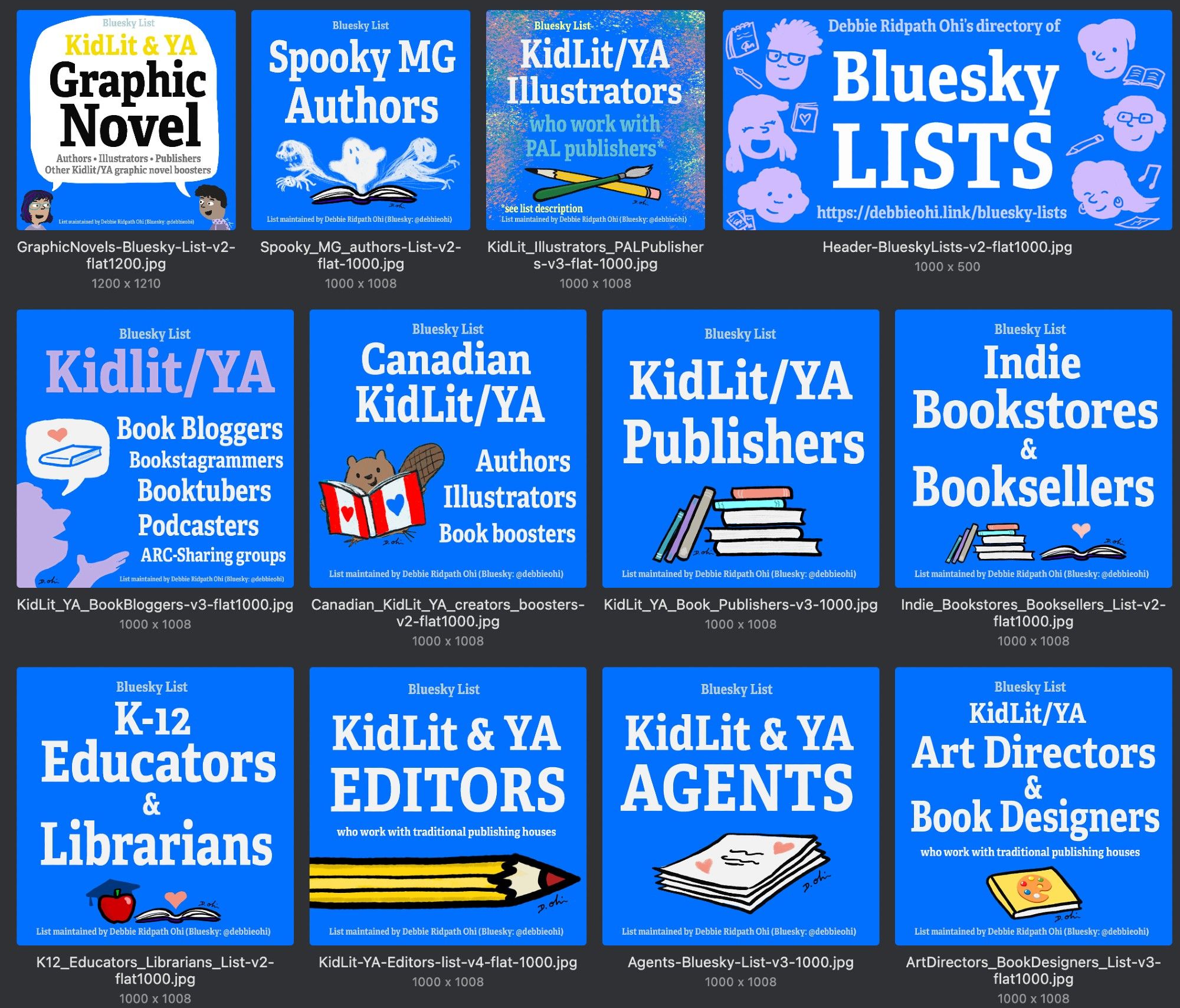 Collage of Bluesky Lists, mainly focused on the children's and YA publishing industry.