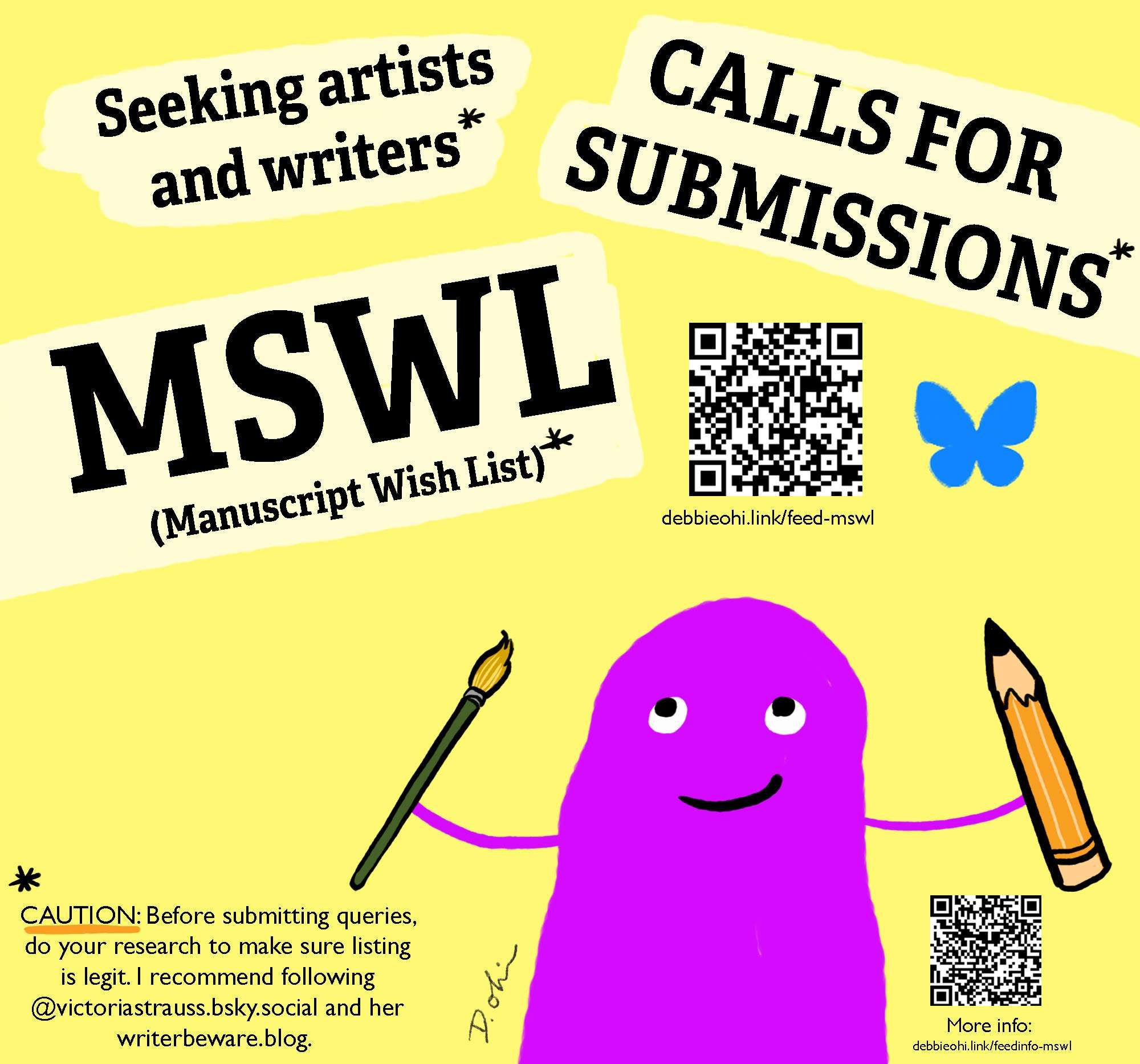 Promotional graphic for MSWL (Manuscript Wish List) featuring a friendly purple cartoon character holding a paintbrush and pencil, with text inviting artists and writers to submit their work, a QR code for more information, and a cautionary note to research submission legitimacy.