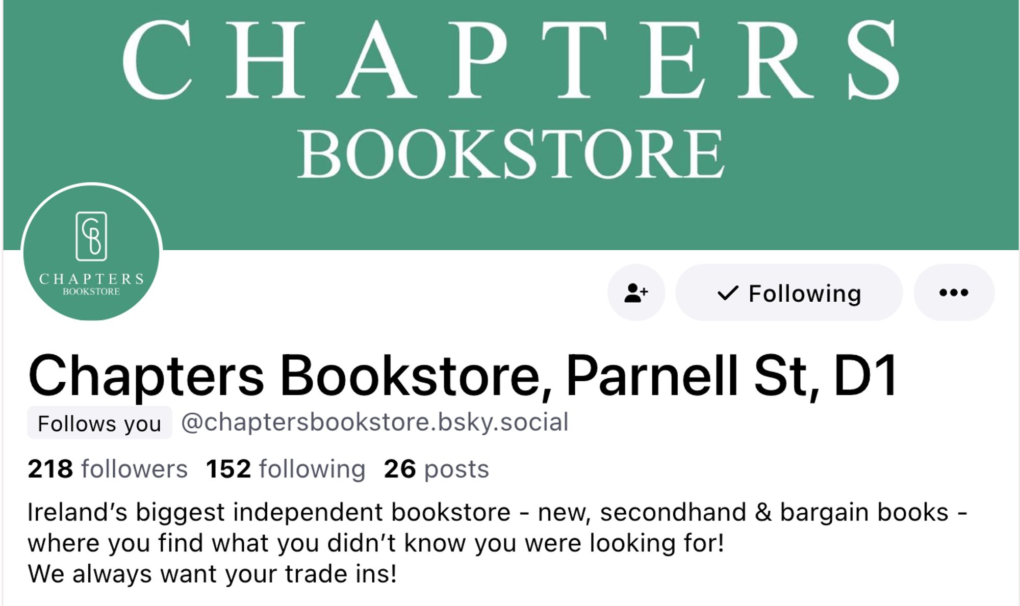 Screenshot of Chapters Bookstore Bluesky acct.