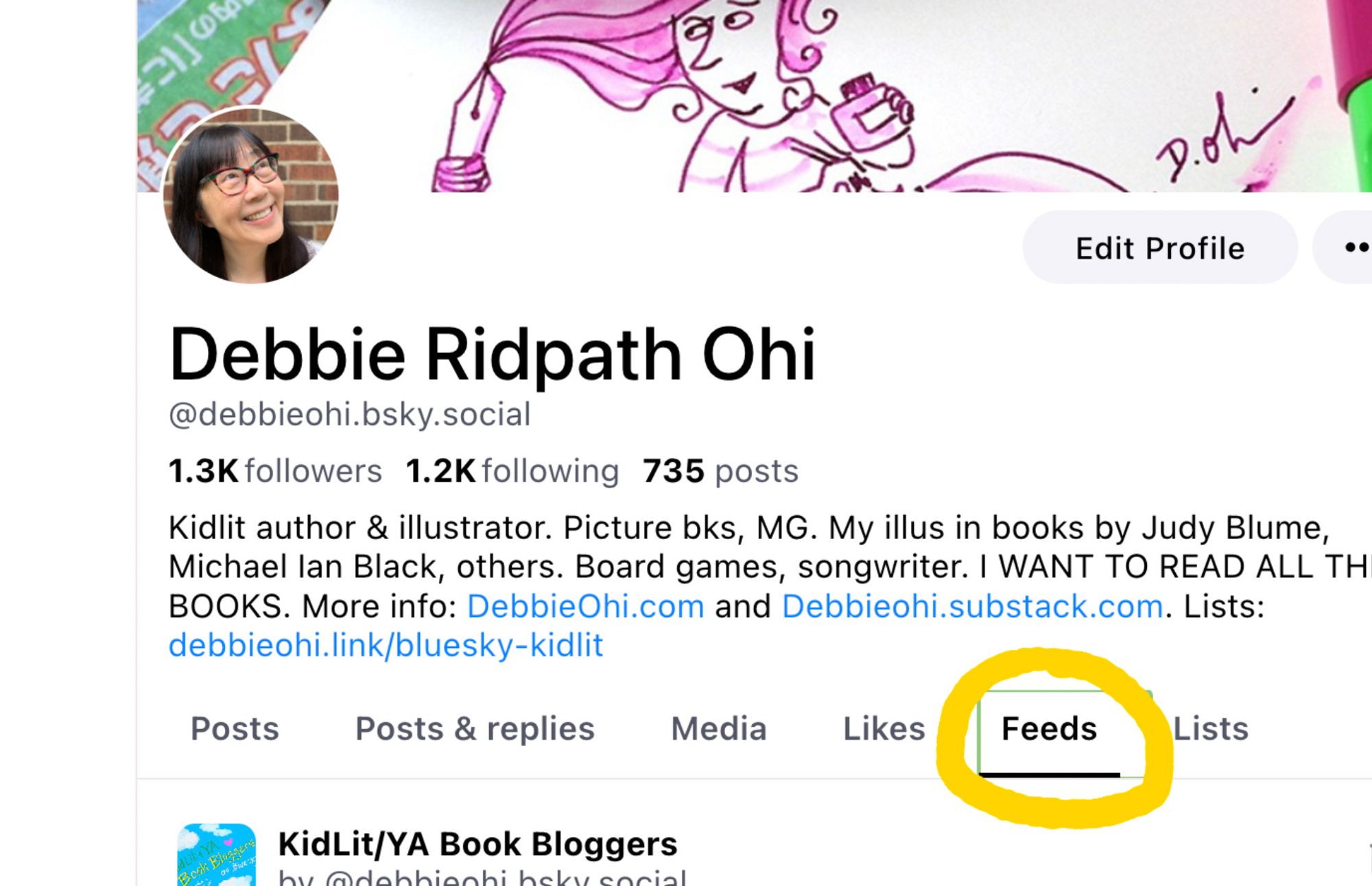 Screenshot of Debbie's Bluesky header with the Feeds tab circled in yellow.