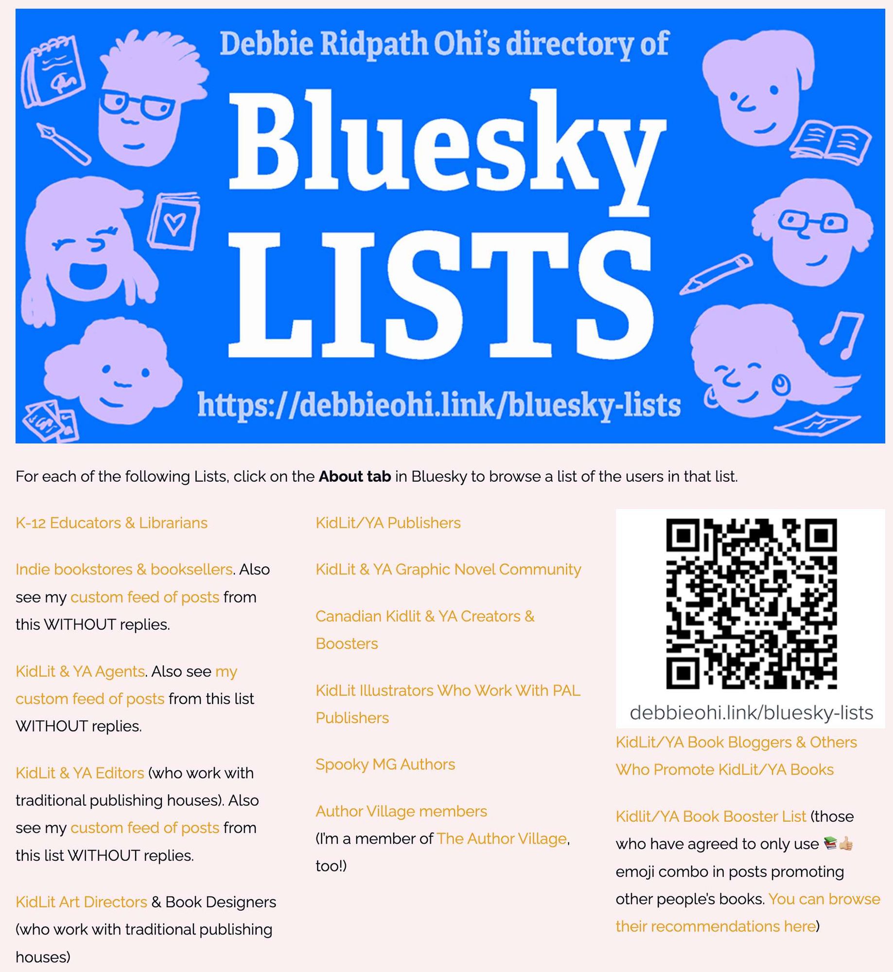 Promotional graphic for Debbie Ridpath Ohi's directory of Bluesky LISTS, featuring a blue and white color scheme with illustrations of smiling books, a pencil, glasses, and musical notes. Central text reads 'Bluesky LISTS' with a URL below: 'https://debbieohi.link/bluesky-lists'. Below the main title, a list of categories such as K-12 Educators & Librarians, KidLit/YA Publishers, and more are provided with instructions to click on the 'About tab in Bluesky to browse a list of the users in that list.' A QR code on the right side offers a quick link to the website.