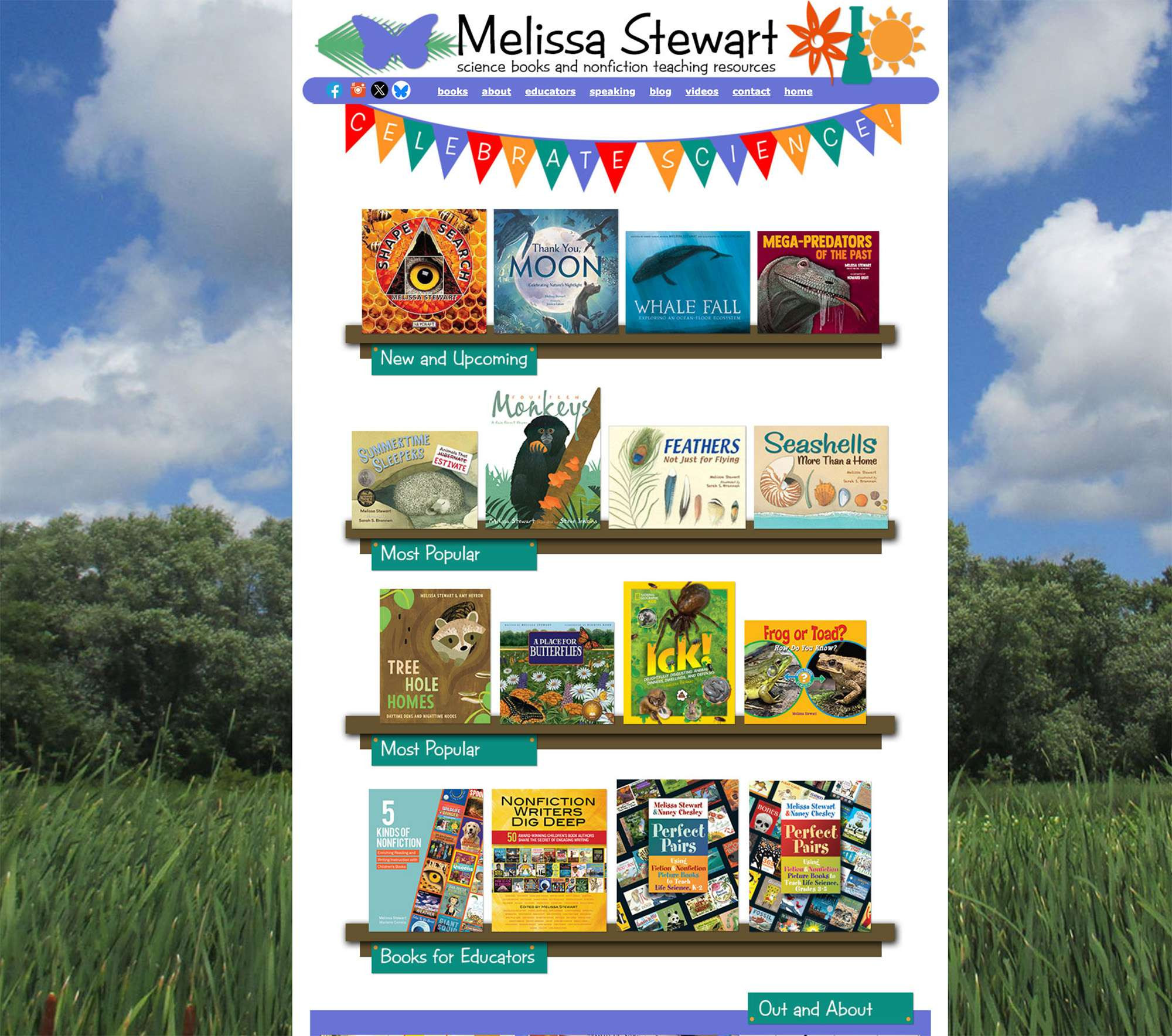 Melissa Stewart's website, with bookshelves full of books.