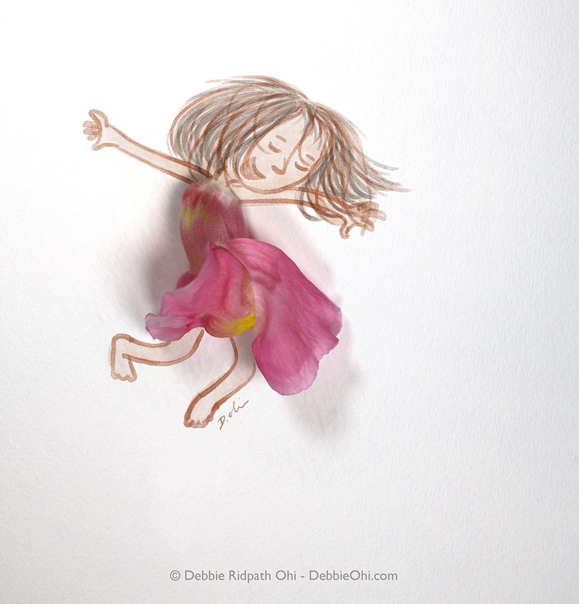 The image shows a playful and whimsical illustration of a young child, sketched with simple, light brown lines. The child is depicted in mid-jump, with arms spread wide and a joyful expression on their face. What makes the image unique is that the child's dress is created from an actual pink snapdragon petal, seamlessly integrated into the drawing, giving the impression of a flowing dress. The combination of the sketch and the real flower petal adds a delightful and creative touch, making the image feel lively and imaginative. Art by Debbie Ridpath Ohi.