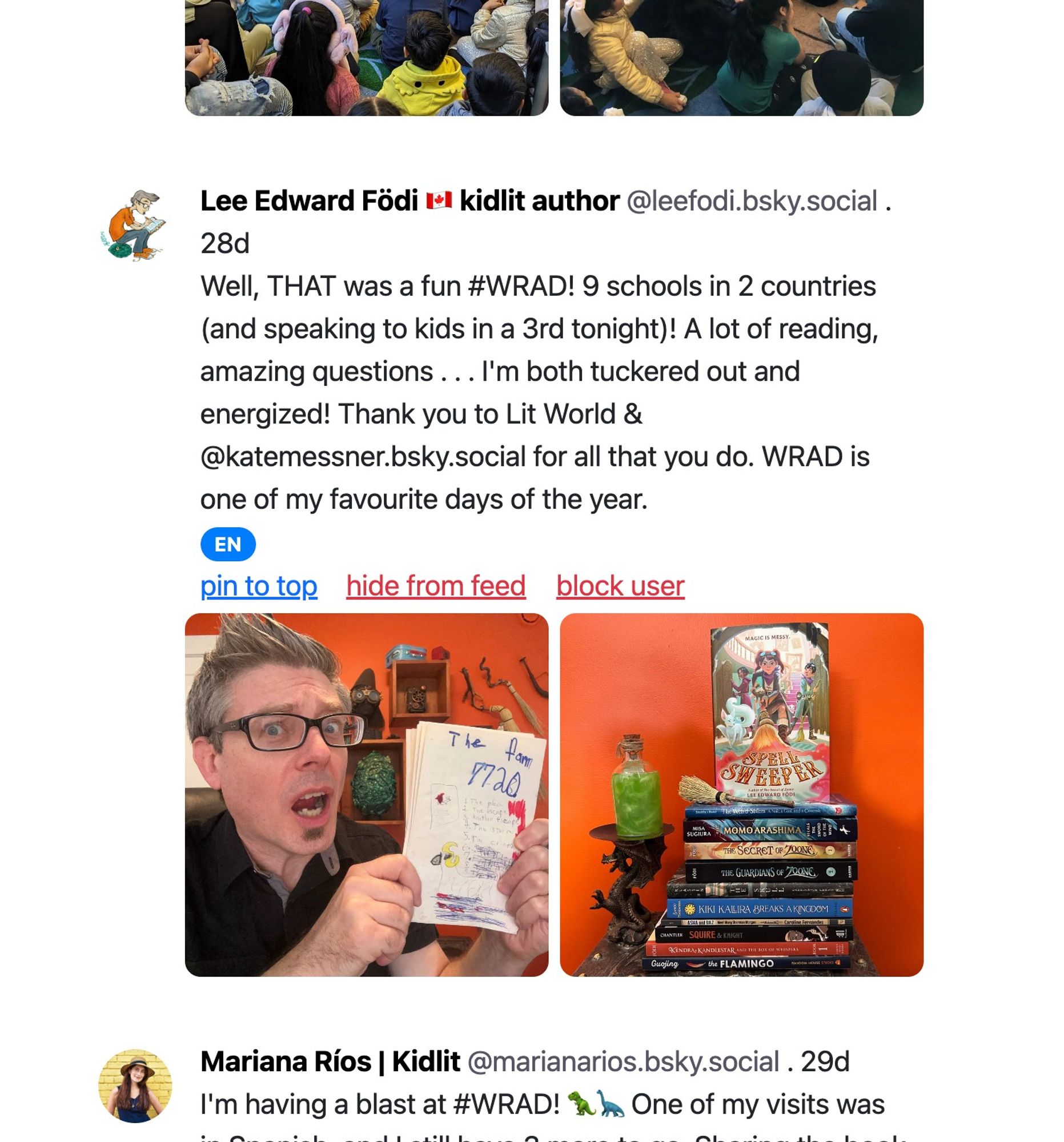 A screenshot of two social media posts by children's book authors celebrating World Read Aloud Day (WRAD). The top post by Lee Edward Födi features a collage of images: children sitting on the floor listening to a story, the author holding a book titled 'The Paper Bag Princess' with a surprised expression, and a stack of colorful children's books including 'Spell Sweeper' and 'Kendra Kandlestar'. The bottom post by Mariana Rios shows a snippet of text expressing her enjoyment of WRAD events.