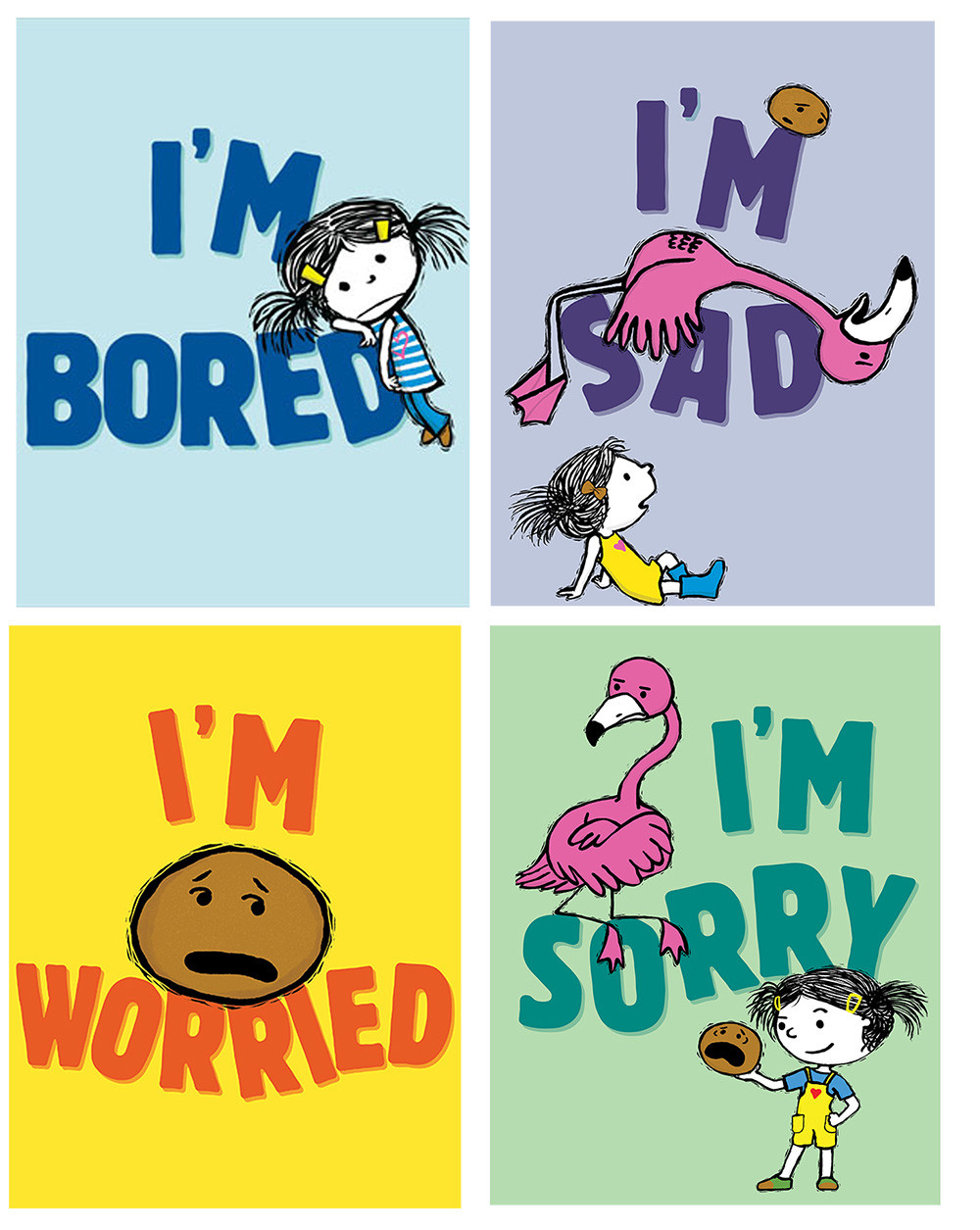 This image features a grid of four illustrated book covers, each representing a different emotion. The top left cover reads "I'm Bored" with a bored-looking girl leaning against the text. The top right cover says "I'm Sad" with a girl lying down next to a sad flamingo. The bottom left cover states "I'm Worried" with a worried expression on a round brown face. The bottom right cover says "I'm Sorry," showing the girl holding a rock and standing next to the flamingo. The colors and illustrations are playful, capturing different emotional states in a child-friendly manner.