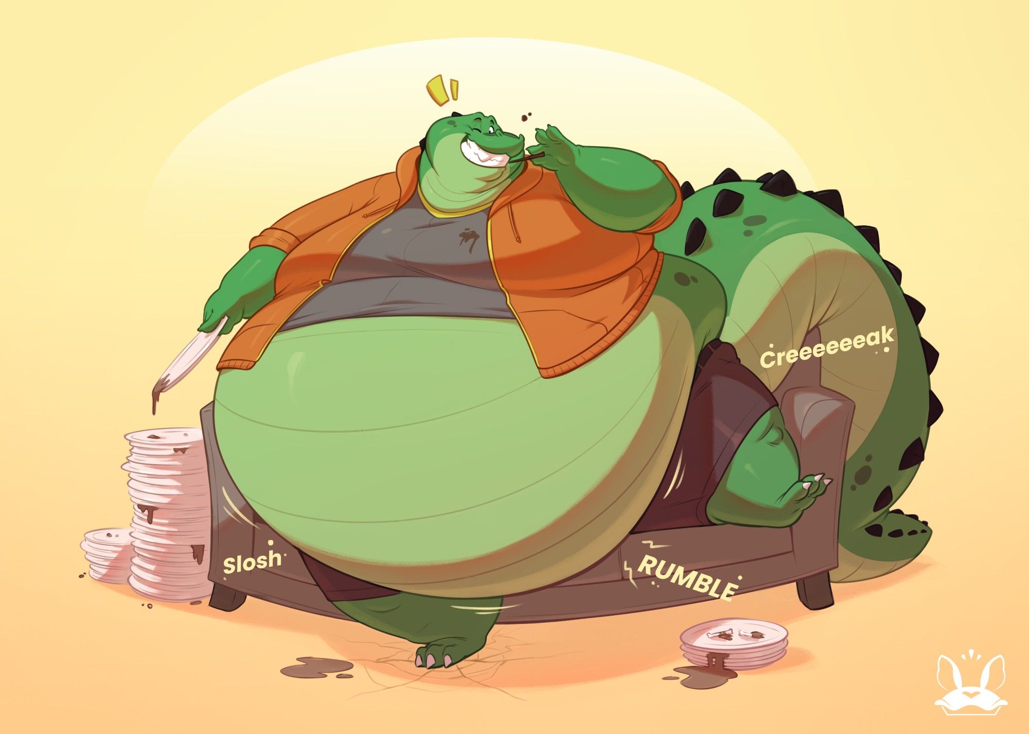 A big fat satisfied gator enjoying the last of his meal while relaxing on a couch! 