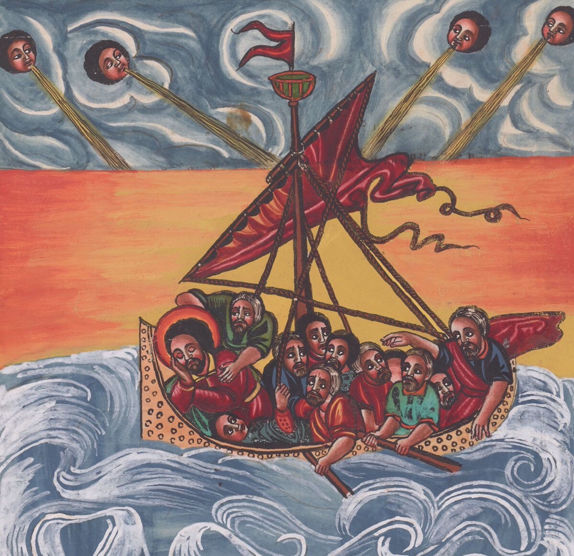 Ethiopian 18th-century manuscript illustration of Jesus and the disciples on a stormy sea. Jesus is sleeping and the disciples are worried about their survival.