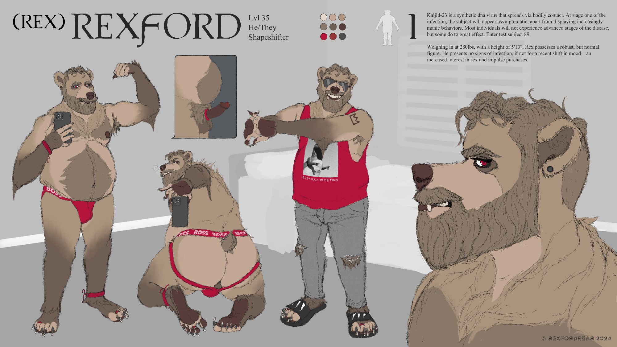 This is a ref sheet for Rex, a shapeshifter character that can become a werebear, and even a kaiju, thanks to some shady viral engineering.