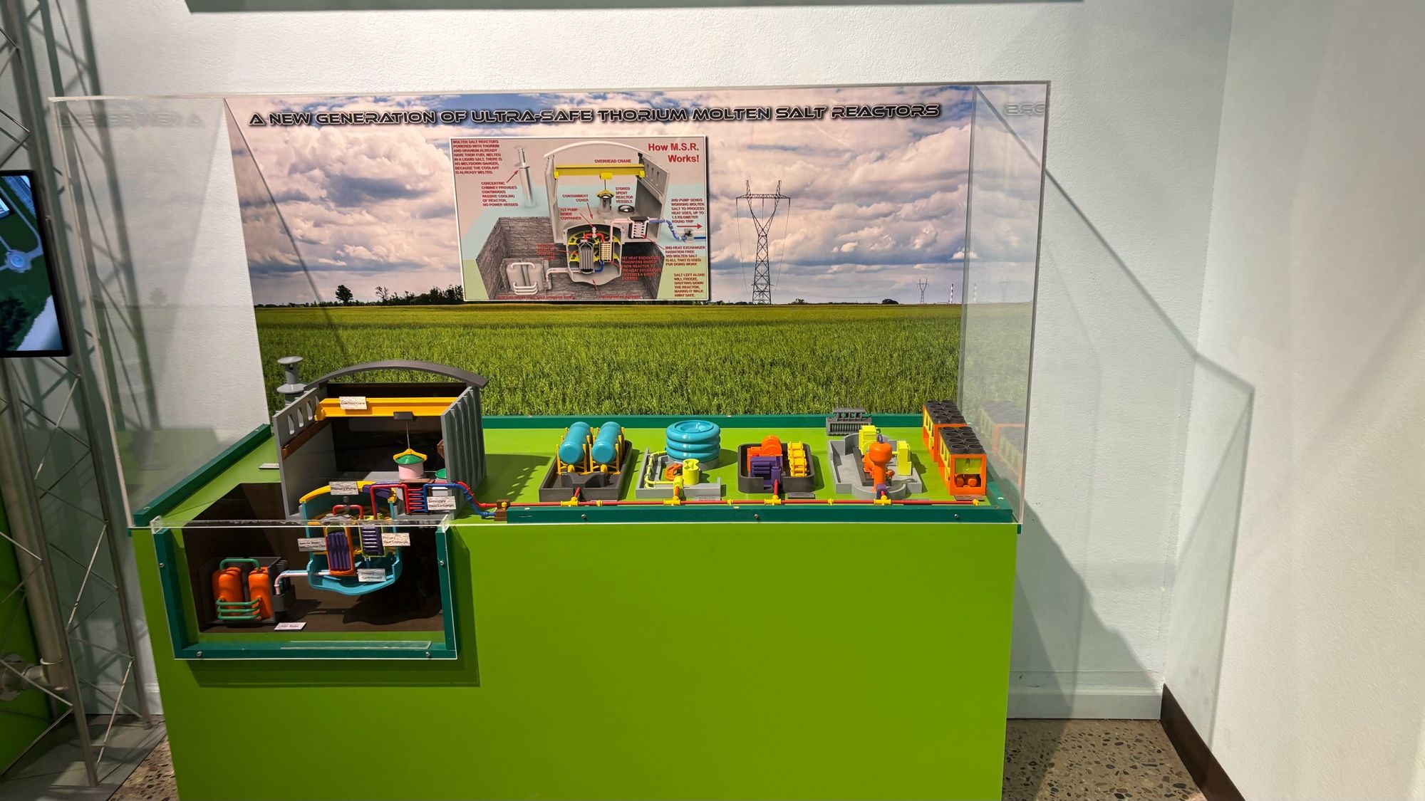 A model of a thorium nuclear cycle nuclear reactor which is portrayed set in a bright green box covered by plexiglass and a network of brightly coloured tubes, vessels, & round shapes.