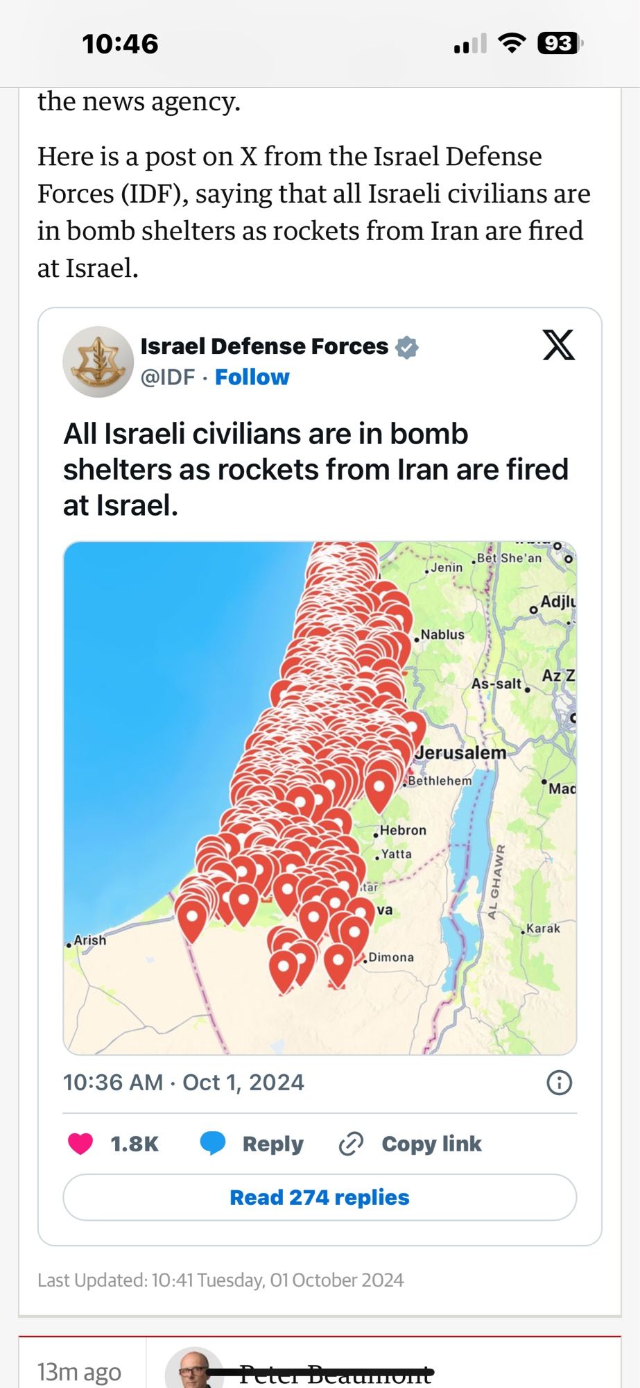 Screenshot from xitter from IDF account with map of israel covered in red markers text reads “all israeli civilians are in bomb shelters as rockets from Iran are fired at Israel”