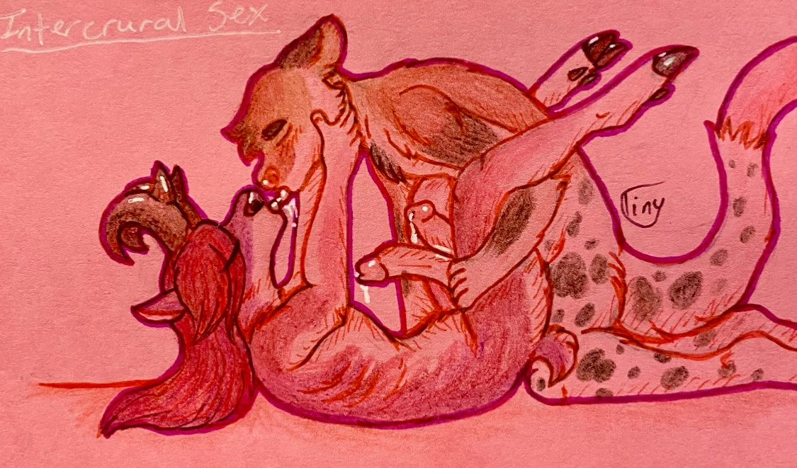 Valen the tree kangaroo hybrid and Souta the pronghorn antelope share a messy kiss as Valen thrusts between Souta's thighs.