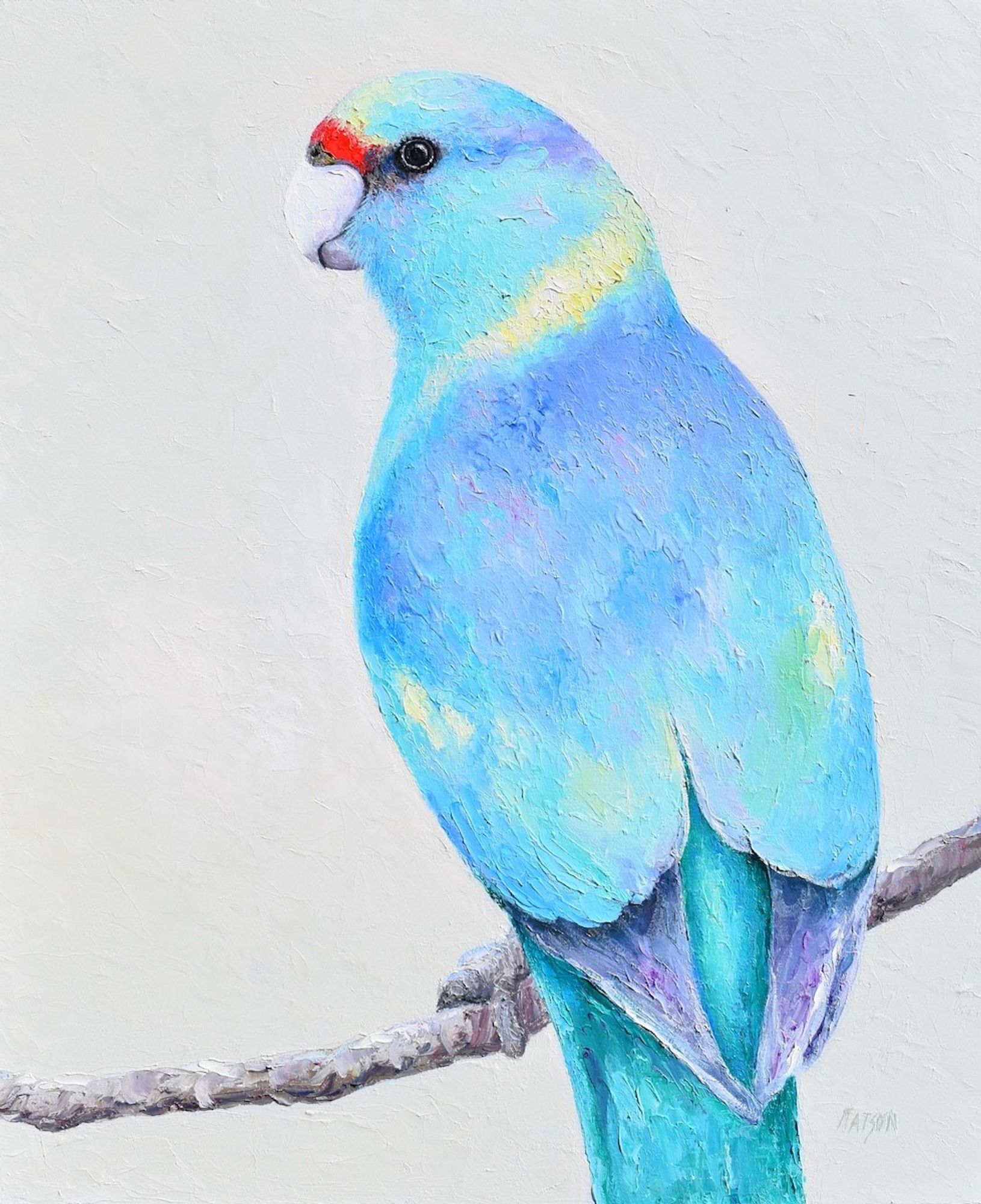 Oil painting of a colourful native bird, the Australian Ringneck Parrot. It was completed with a palette knife in shades of blue, green, mauve, yellow and red. A colourful bird with vibrant blue and green feathers is perched on a branch against a light background.