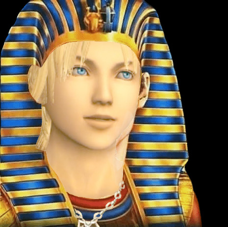 Head shot image of Tidus from the FF10 Remake in the Pharaoh's attire from the white pharaoh public school history textbook meme.