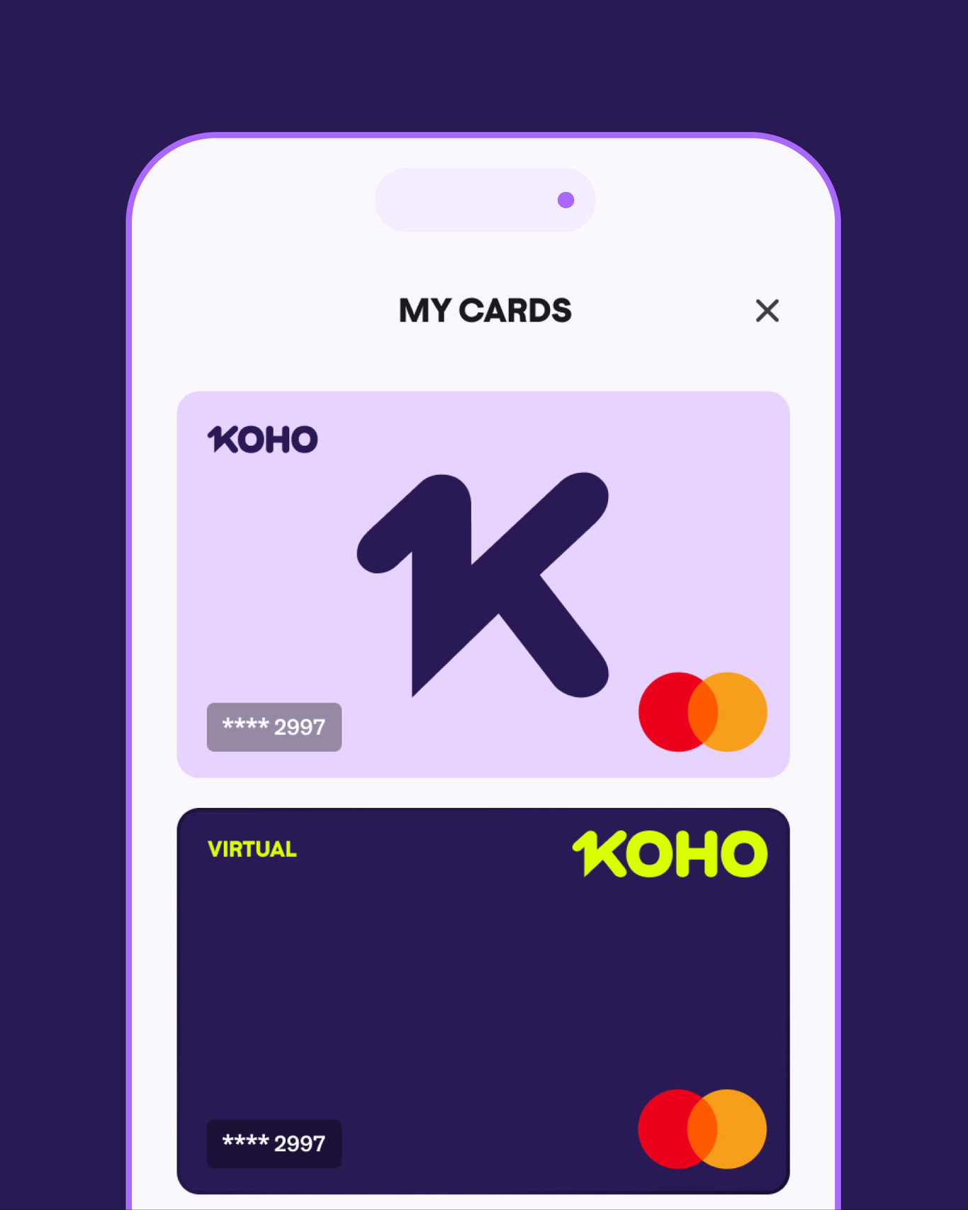 Example of new koho interface and cards. Showing the purple and neon theme.