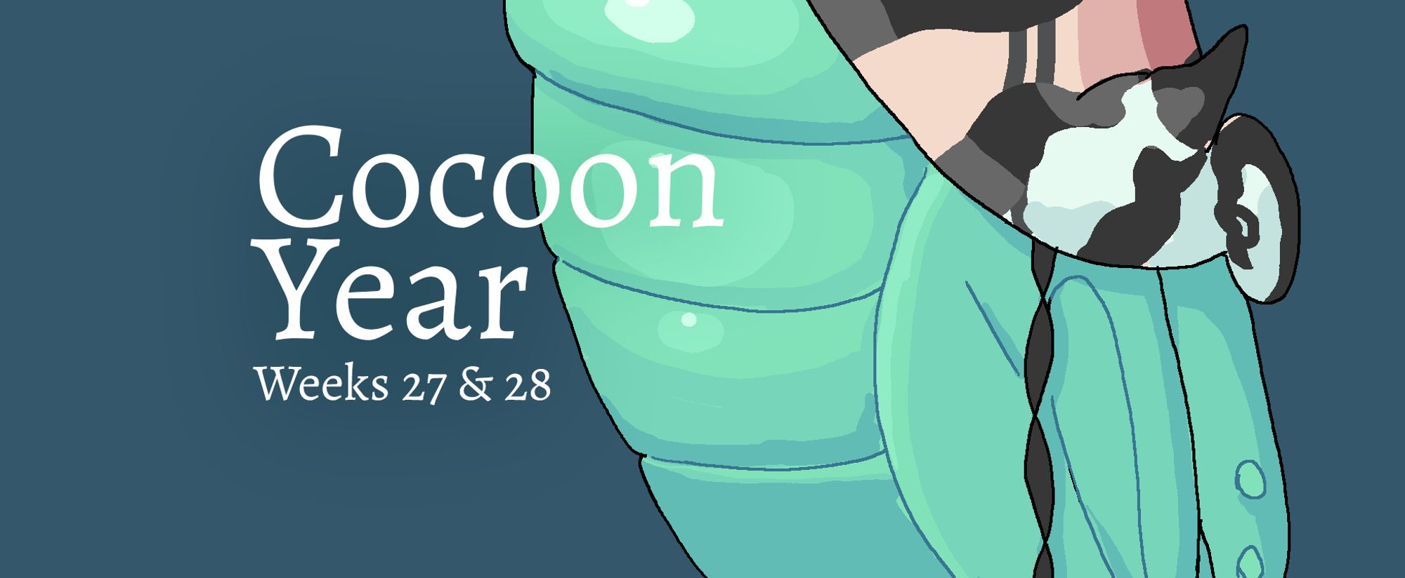 Crop of digital art featuring a cel-shaded caterpillar continuing to pupate on a navy blue background. Complete description of the illustration is inside the linked blog post. White text on this teaser image reads: 'Cocoon Year Weeks 27 & 28'