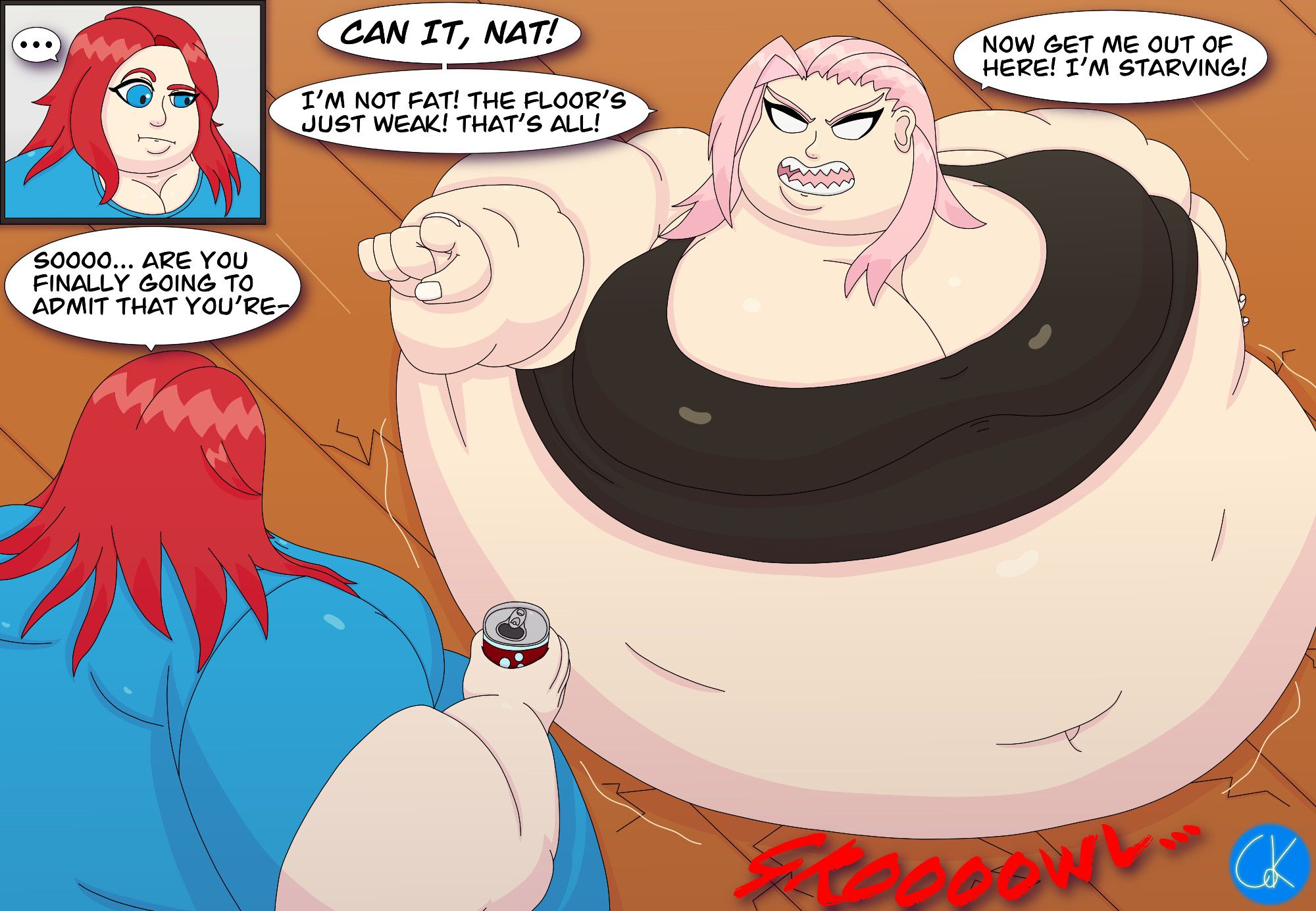 A red-headed SSBBW looks down at her fatter friend, who is stuck in the floor, denying that it is the result of her massive weight.