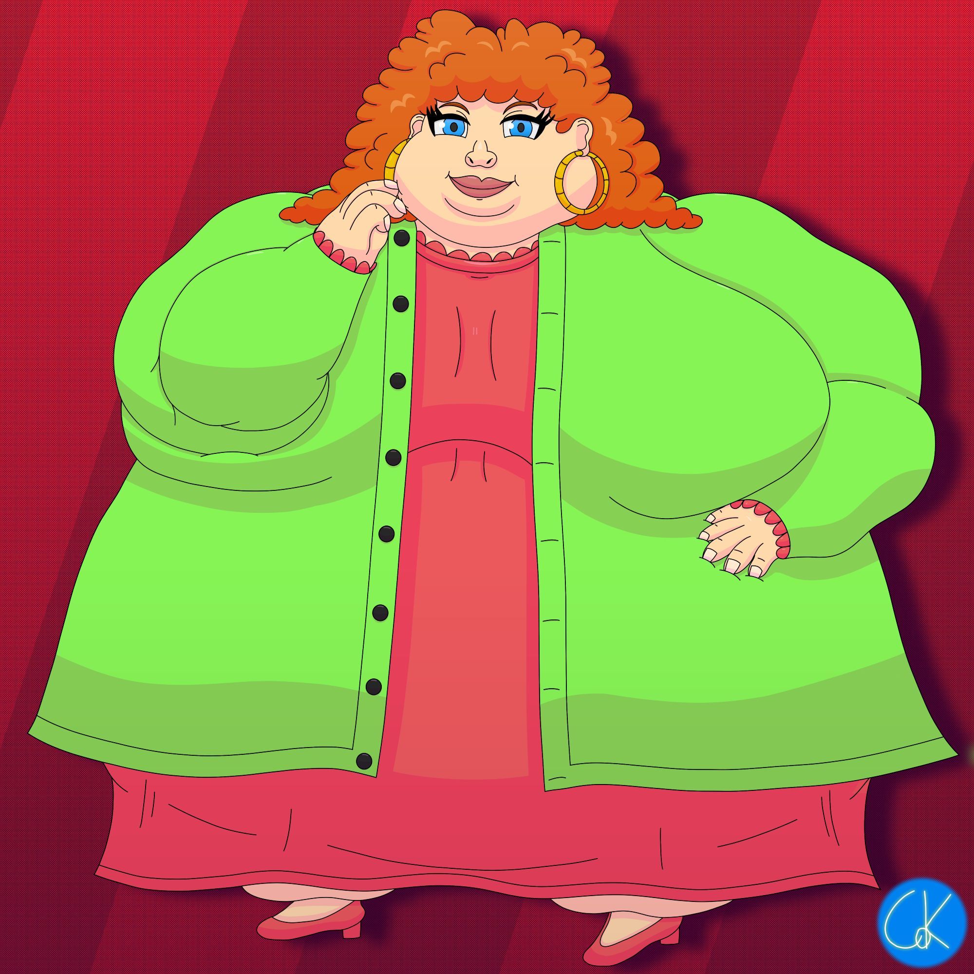 An attractive MILF version of one of the Fat Mamas from the web series "Yo Mama". She has Caucasian skin, ginger hair, gold ring earrings, a green jacket, and a pink dress and shoes.