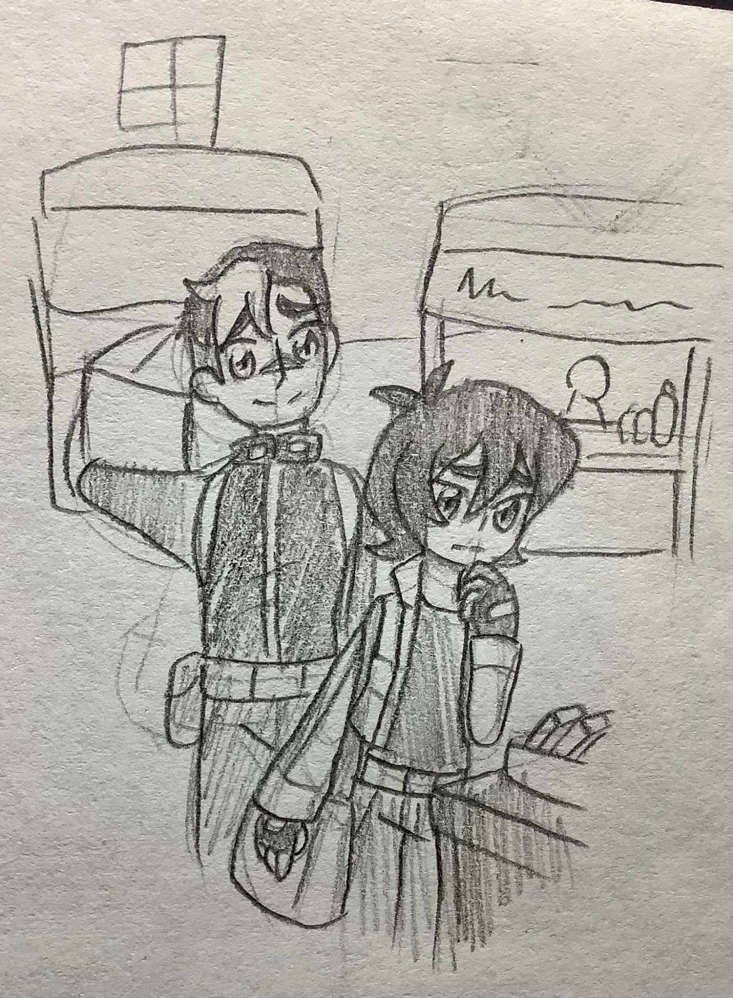 Shiro holding a large box watches as Keith ponders buying a homemade granola bar from a stand with a few in a small basket. Keith is also carrying a bag that has items he bought at the farmers market.