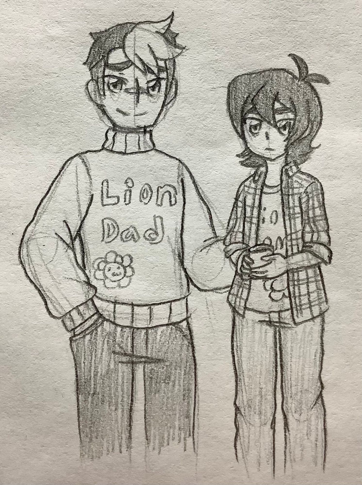 Shiro and Keith stand side by side while Keith holds a mug he was drinking out of. Shiro has a sweater that says "Lion Dad" on it with a little lion with a mane made of a donut shaped like a ring of donut holes. Keith has a flannel shirt jacket on with the sleeves rolled to his elbows. The flannel shirt jacket is open and barely visible is a shirt that says "Lion Mom" and a donut lion like the one on Shiro's but on the opposite side of the shirt.