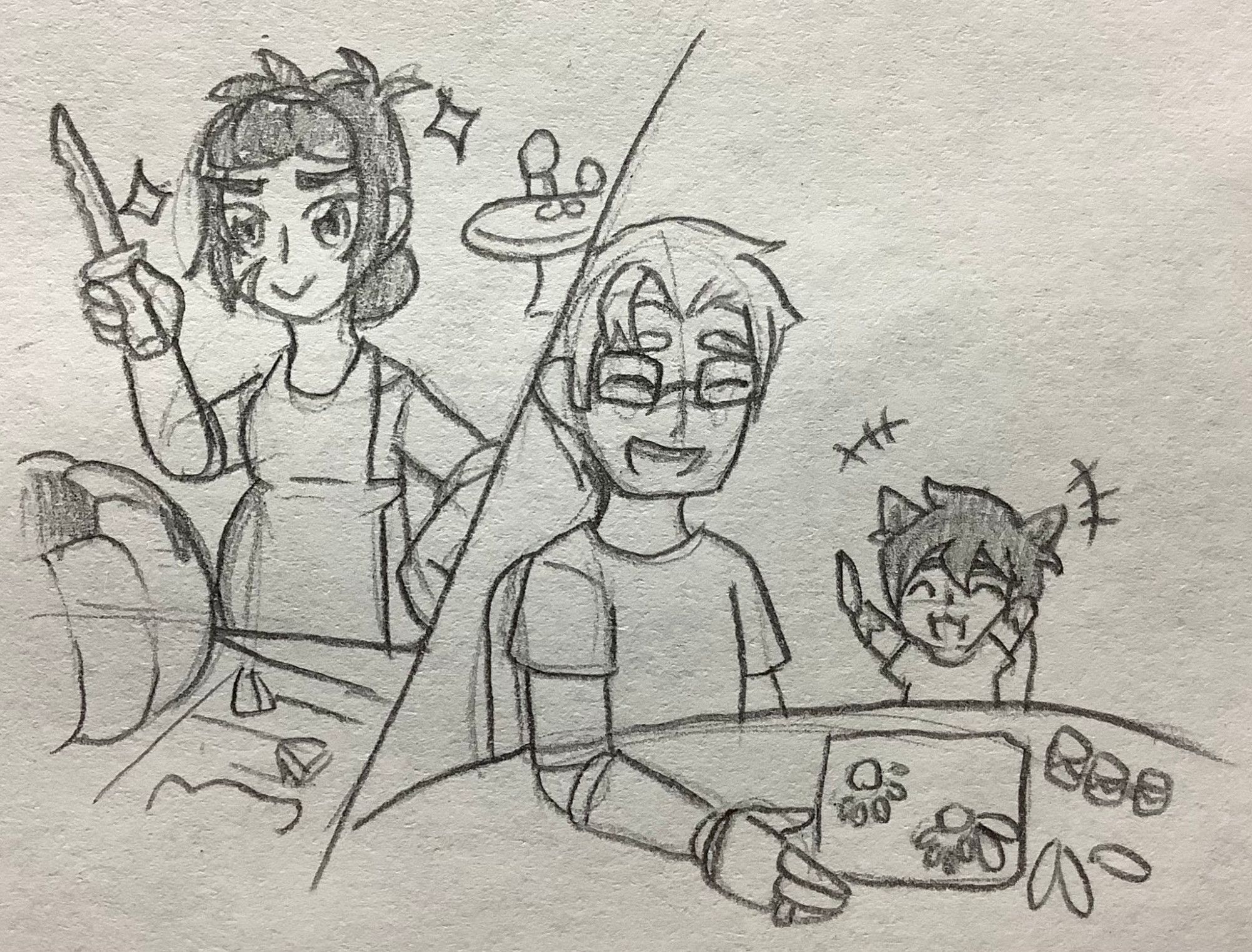 Keith who has his hair tied back so it's out of the way and is wearing an apron looks proud at what he's carved into his jack-o-lantern. Keith is holding a pumpkin carving knife and is expecting his and Shiro's second child. Meanwhile behind Keith at the kitchen table Shiro is happily watching his and Keith's son Josuke doing finger painting art with cut up paper to be leaves/feathers to glue on late. Josuke's cat based Galra features are showing, he also looks happy to be making art with his dad.