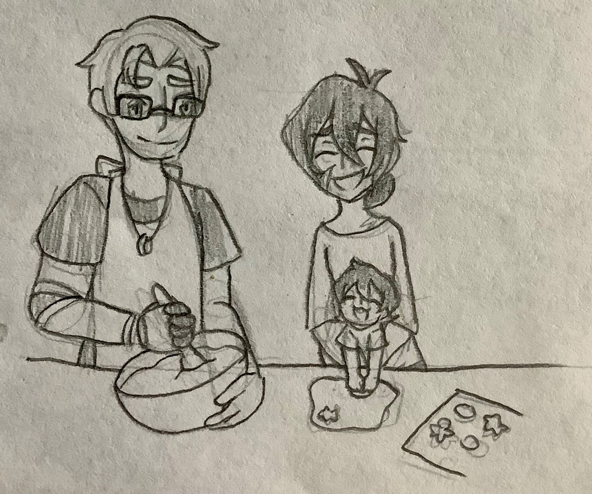 An older Shiro is mixing dough in a bowl as he watches Keith hold up their son so the child can use a cookie cutter on the dough on the counter. Keith has his hair in a bun so it’s out of the way.