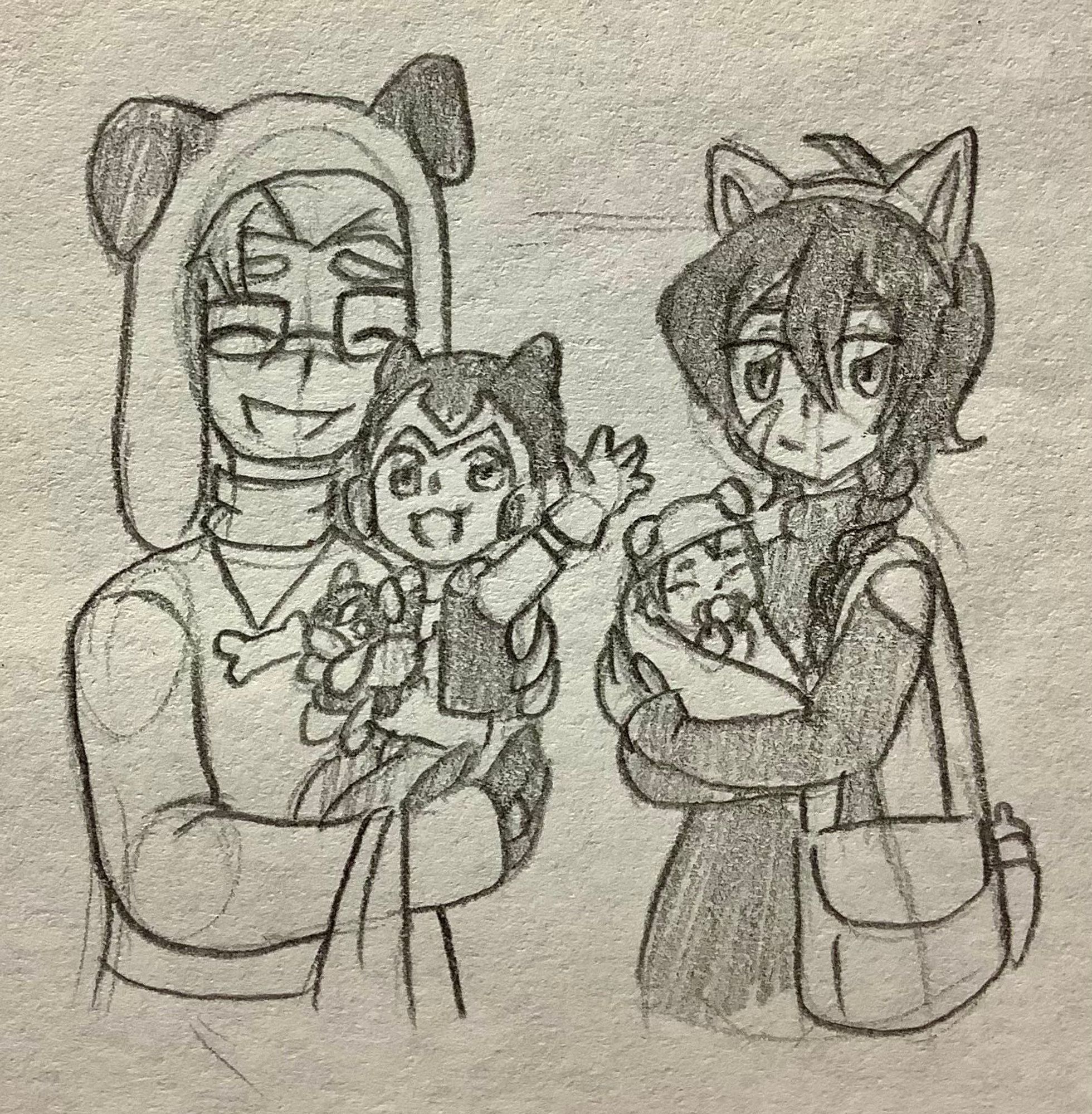 Shiro and Keith stand in sweaters and holding their children. Shiro is wearing a floppy ear dog hat with a bone necklace as his son Josuke waves while wearing a child size black Voltron paladin helmet with cat ears on it. Josuke also has gloves on and is holding a plush toy meant to be the black lion of Voltron. Keith has a cat ear headband on while carrying a baby bag, in his arms is a sleeping baby girl named Shiroko. Shiroko is wrapped in a blanket and has a floppy ear puppy hat on, she's also sucking on a pacifier and her little hands are close to her face thanks to how she looks while sleeping wrapped up.