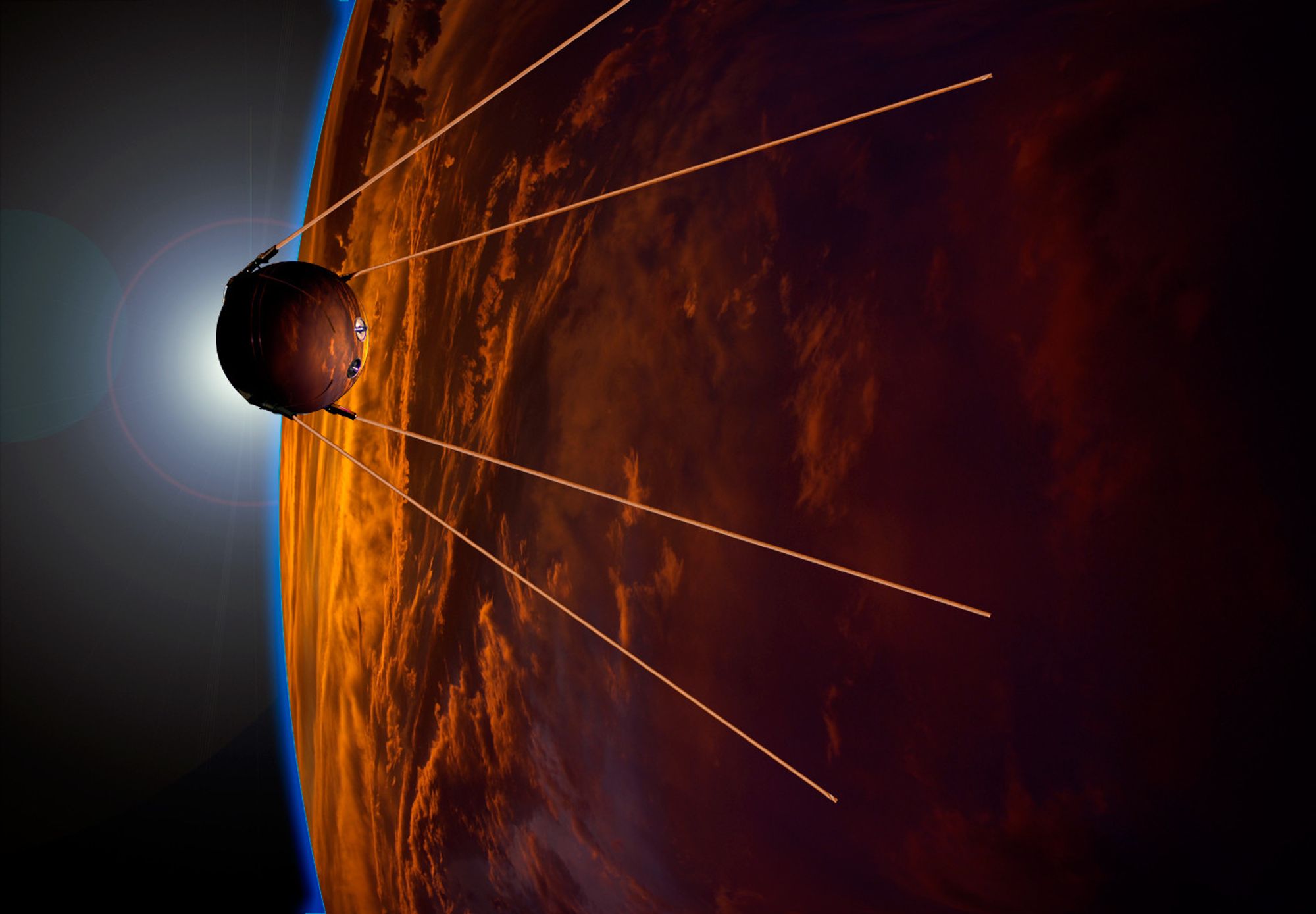 An artist's rendition of Sputnik-1 in orbit over earth at sunrise.