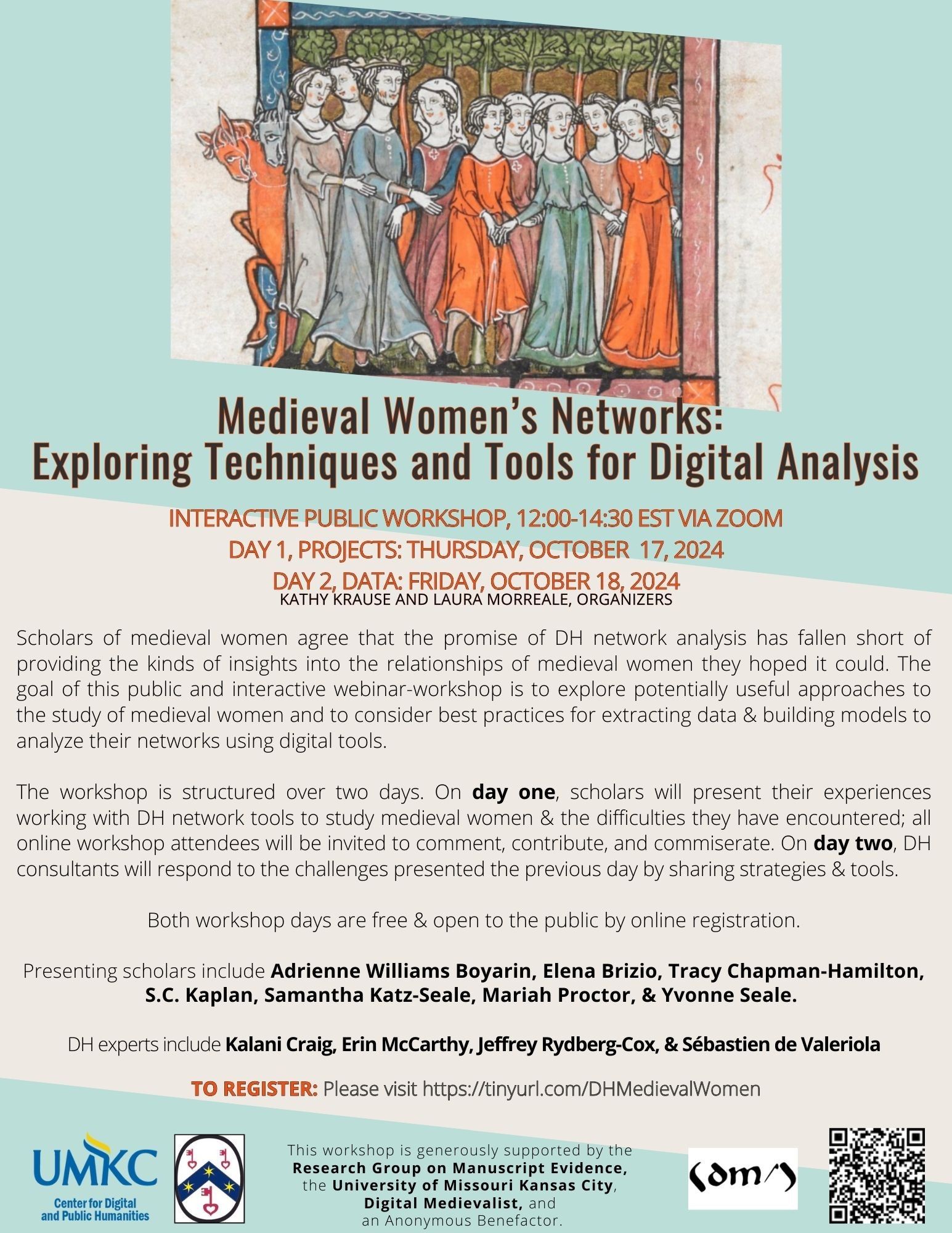 Poster for event Medieval Women's Networks: Exploring Techniques and Tools for Digital Analysis, with information on organization and participants, encouraging interested parties to register at https://tinyurl.com/DHMedievalWomen