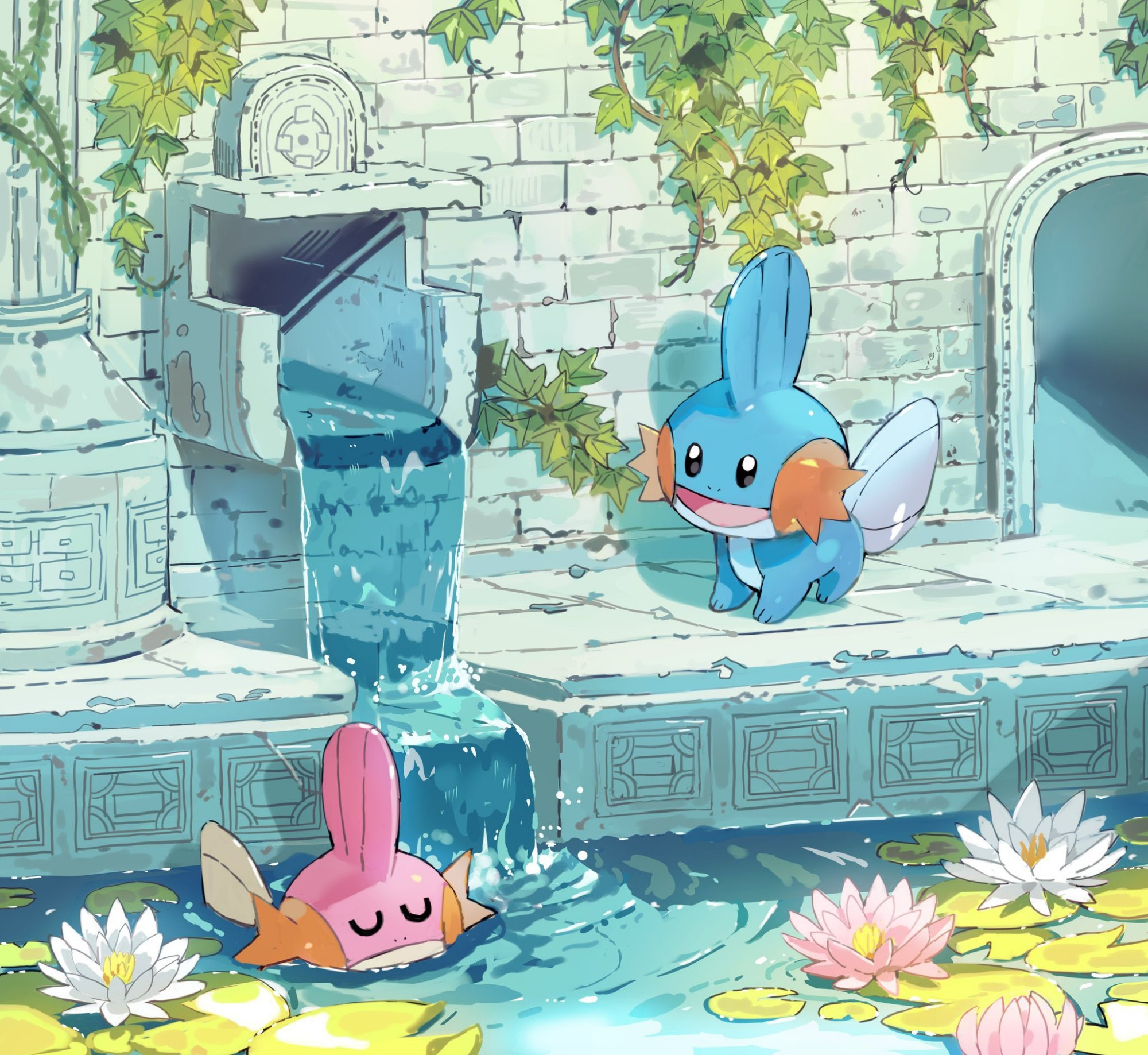 1 normal Mudkip see their friend relaxing in the lake wait is that a shiny Mudkip in the lake?