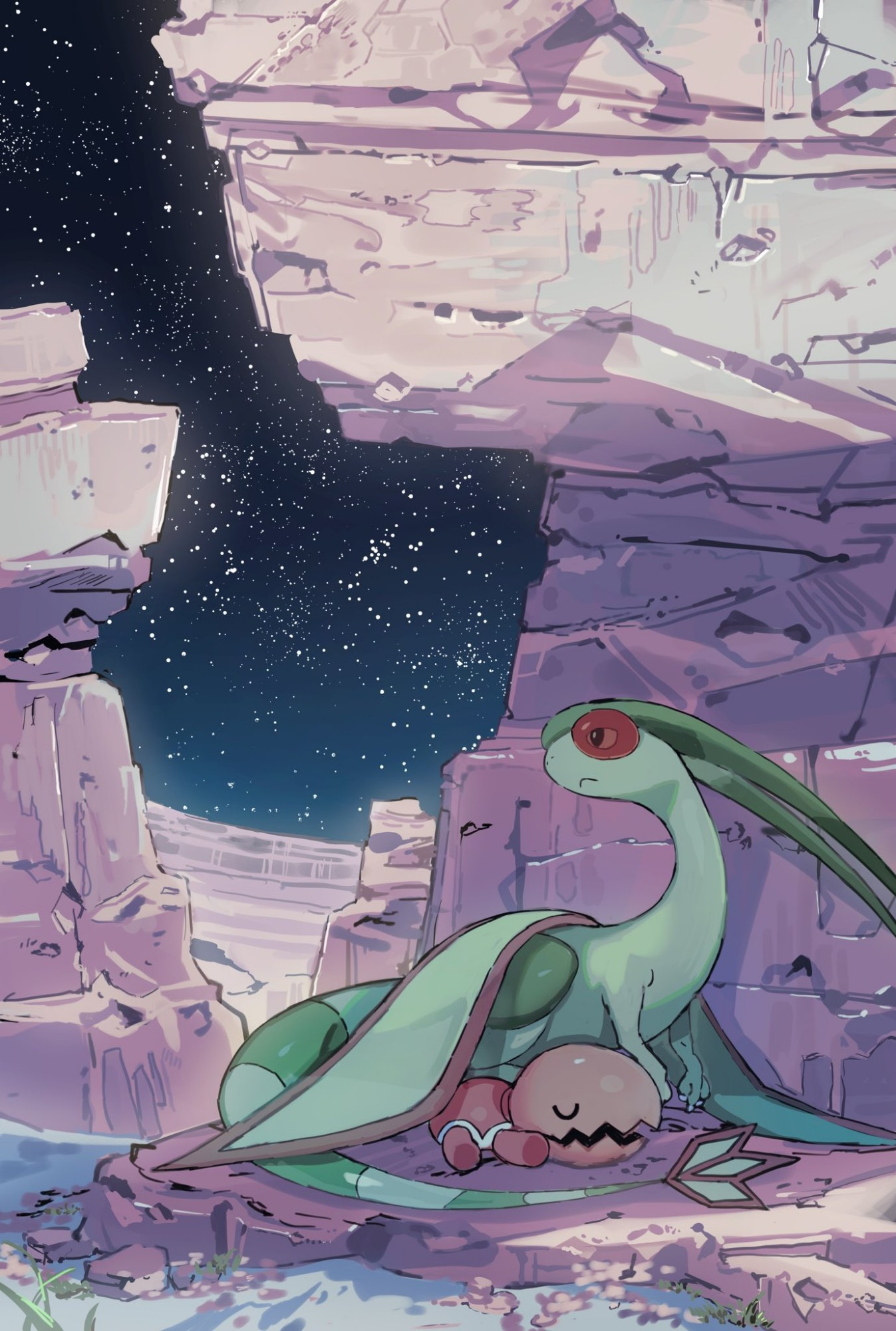 Trapinch is peacefull sleeping while flygon is looking out to protect Trapinch