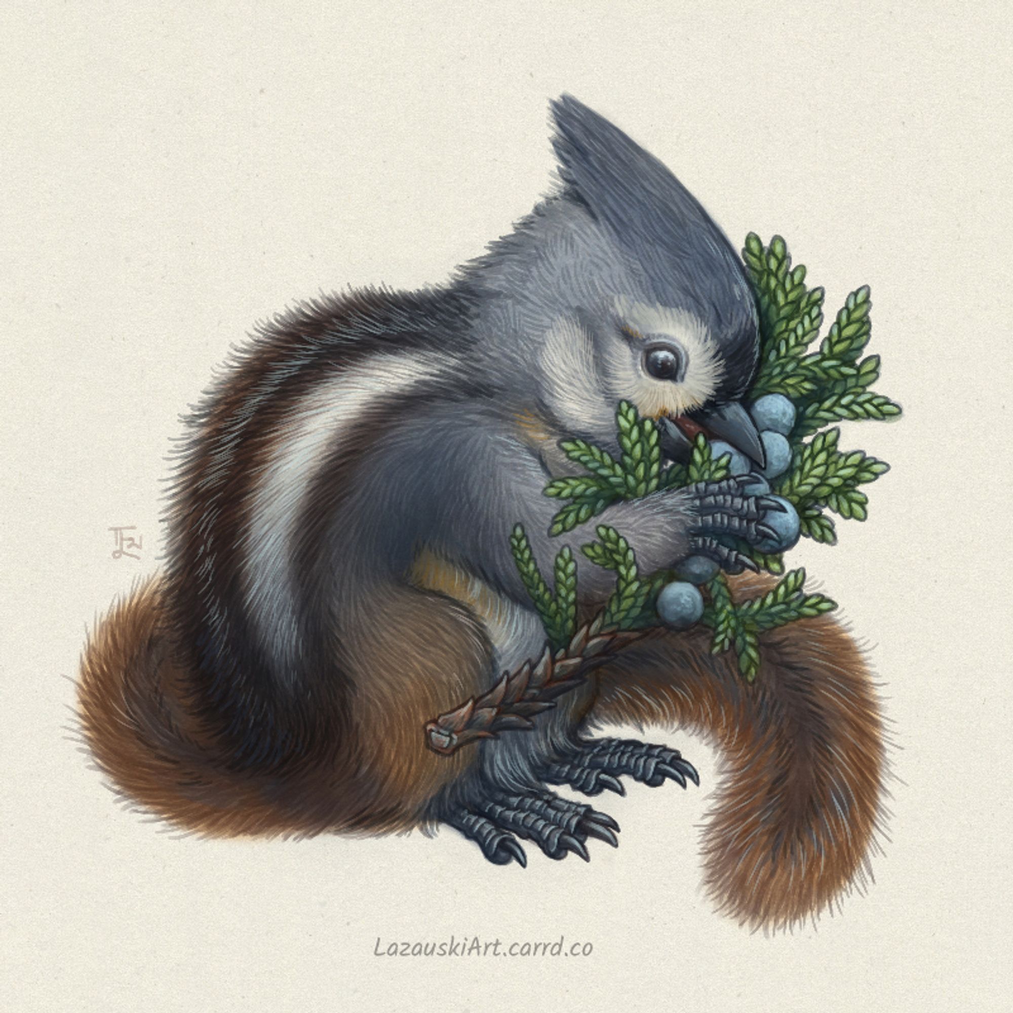 Digital painting of a small creature combining tufted titmouse and chipmunk features, snacking on juniper berries from a small piece of branch. 