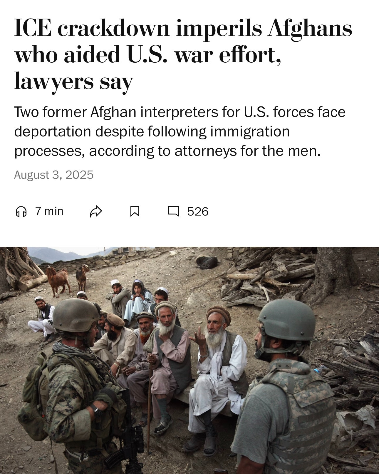 Washington Post article with the headline: "ICE crackdown imperils Afghans who aided U.S. war effort, lawyers say"