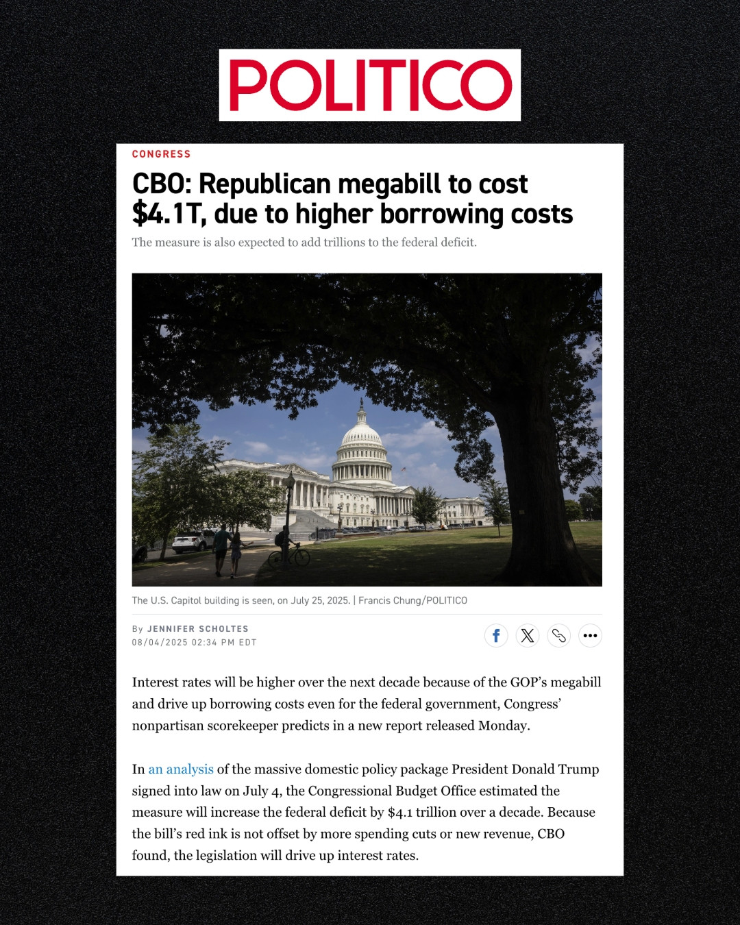 Politico article with the headline: "CBO: Republican megabill to cost $4.1T, due to higher borrowing costs"