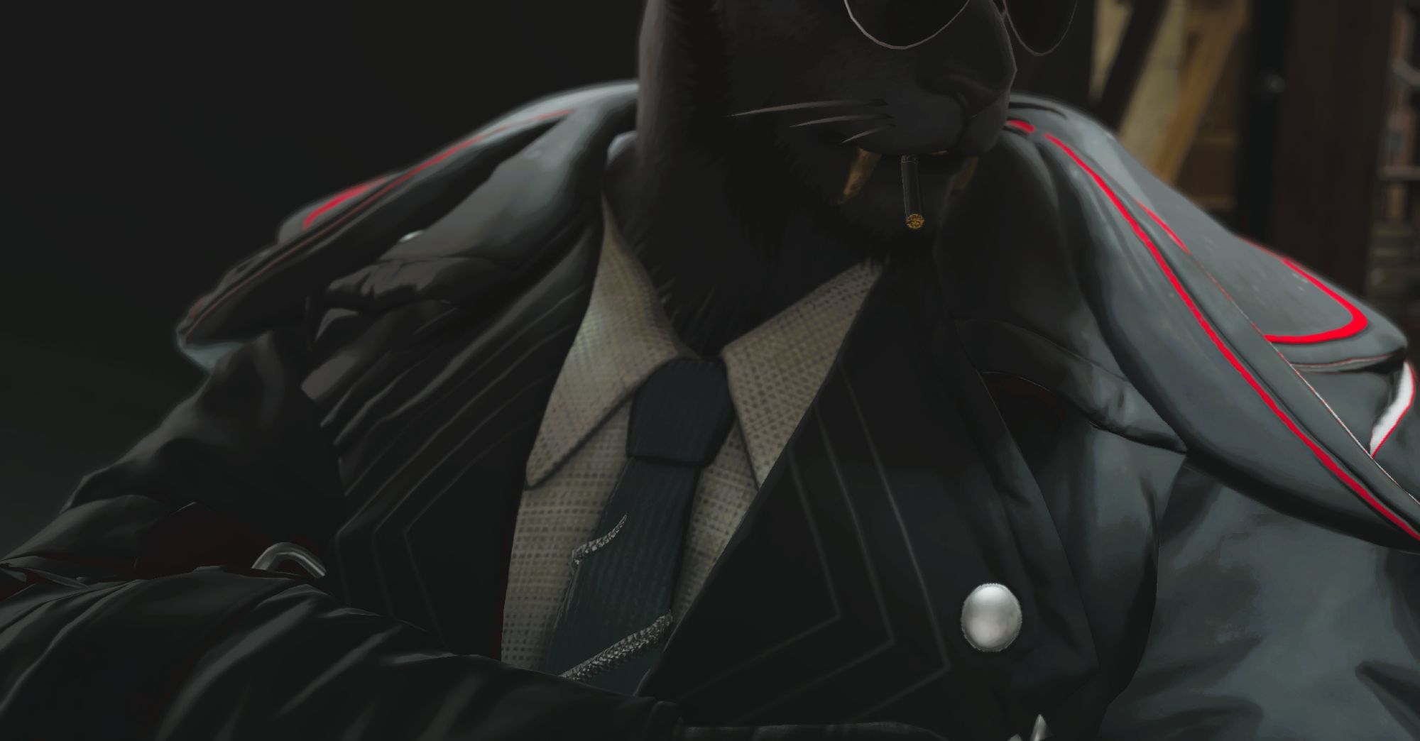 Landscape style photo of a hrothgar sporting a suit and tie Warden set, with gold fangs, aviators, and a black cig. His face is half cropped and his arms are crossed.