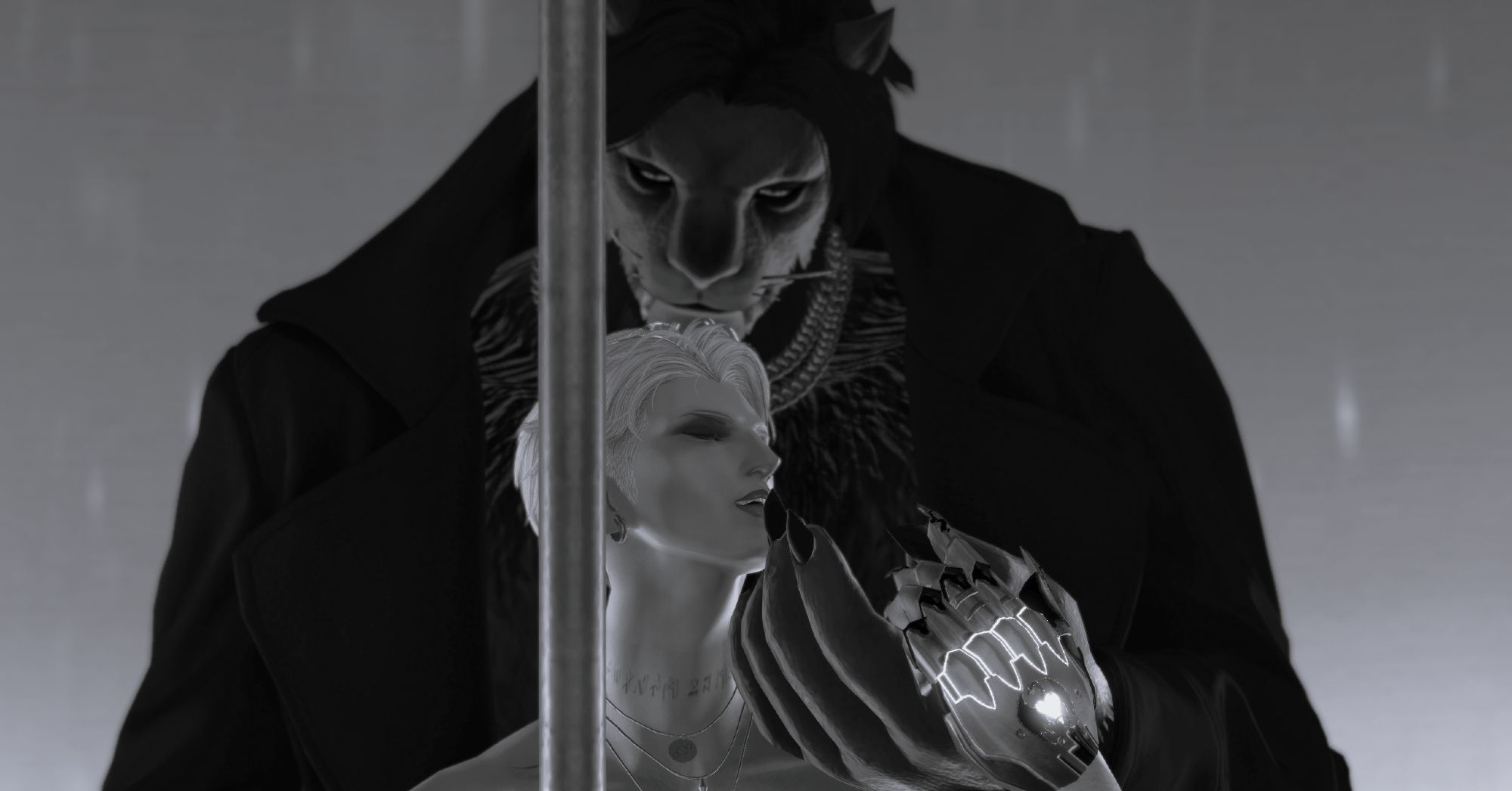 Black and white sultry photograph of a Hrothgar in a long black woolen coat, standing behind an Elezen with a magitek prosthetic hand. There's a stripper pole in front of them both.